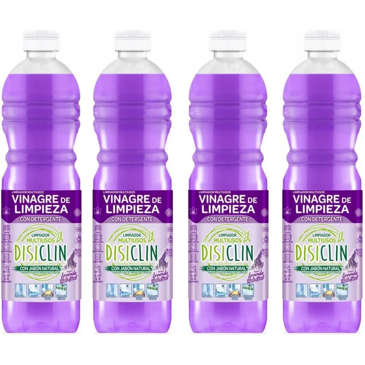 Disiclin Vinagre de Limpieza con detergente Aroma Lavanda 1L – Pack de 4 Botellas Limpiador Potente, Antical y Desengrasante Natural para el Hogar, Cocina y Superficies