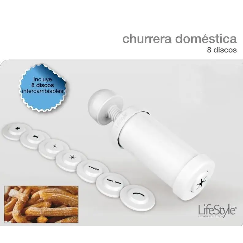 Plaza Tres Aguas - Churrera for Churros and batons homemade Manual household plastic with 8 different nozzles gun press machine for making pastry sleeve decoration multi-function cookie tool easy baking White