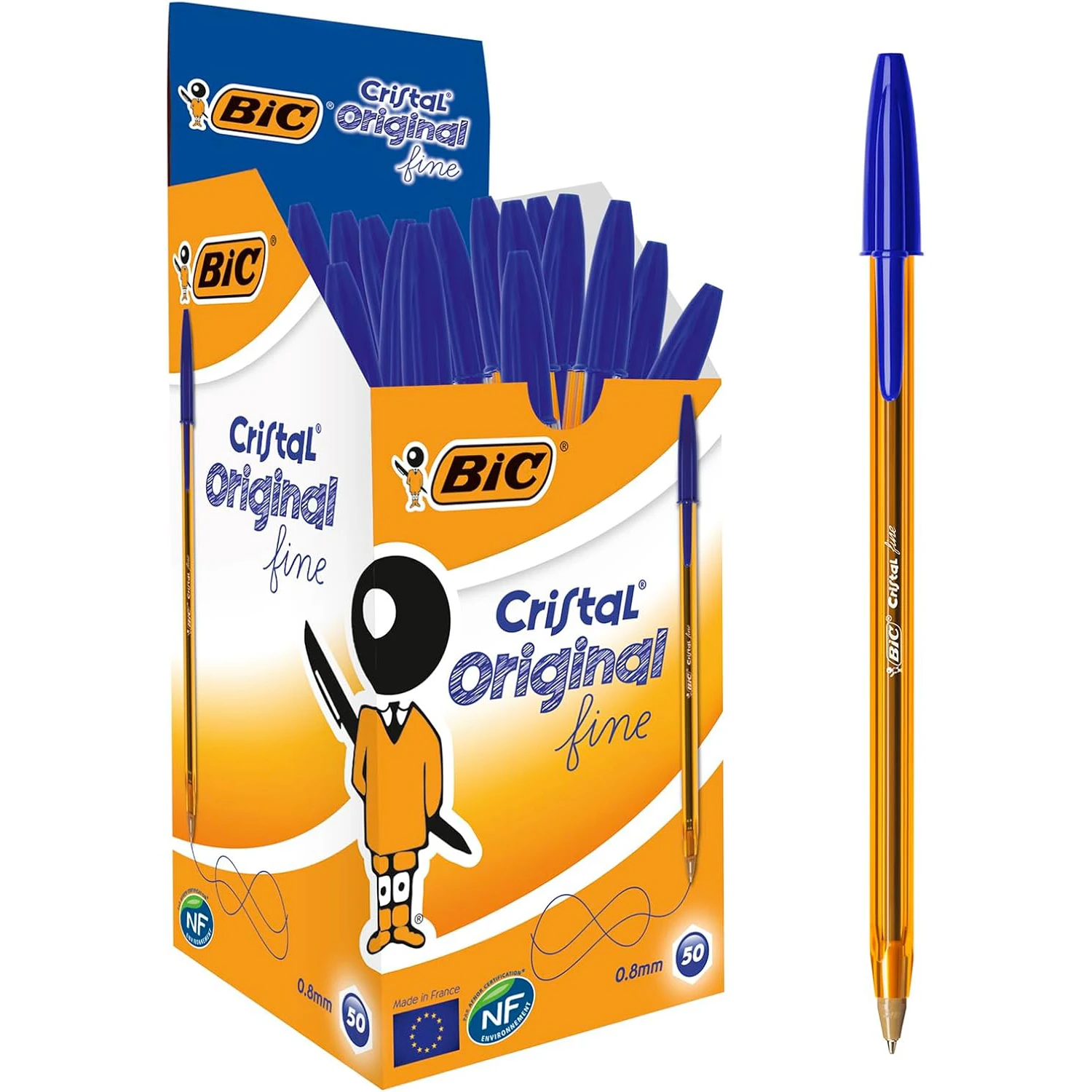 Bic cristal original fine ballpoint pen fine tip 0.8mm blue (box of 50 units)