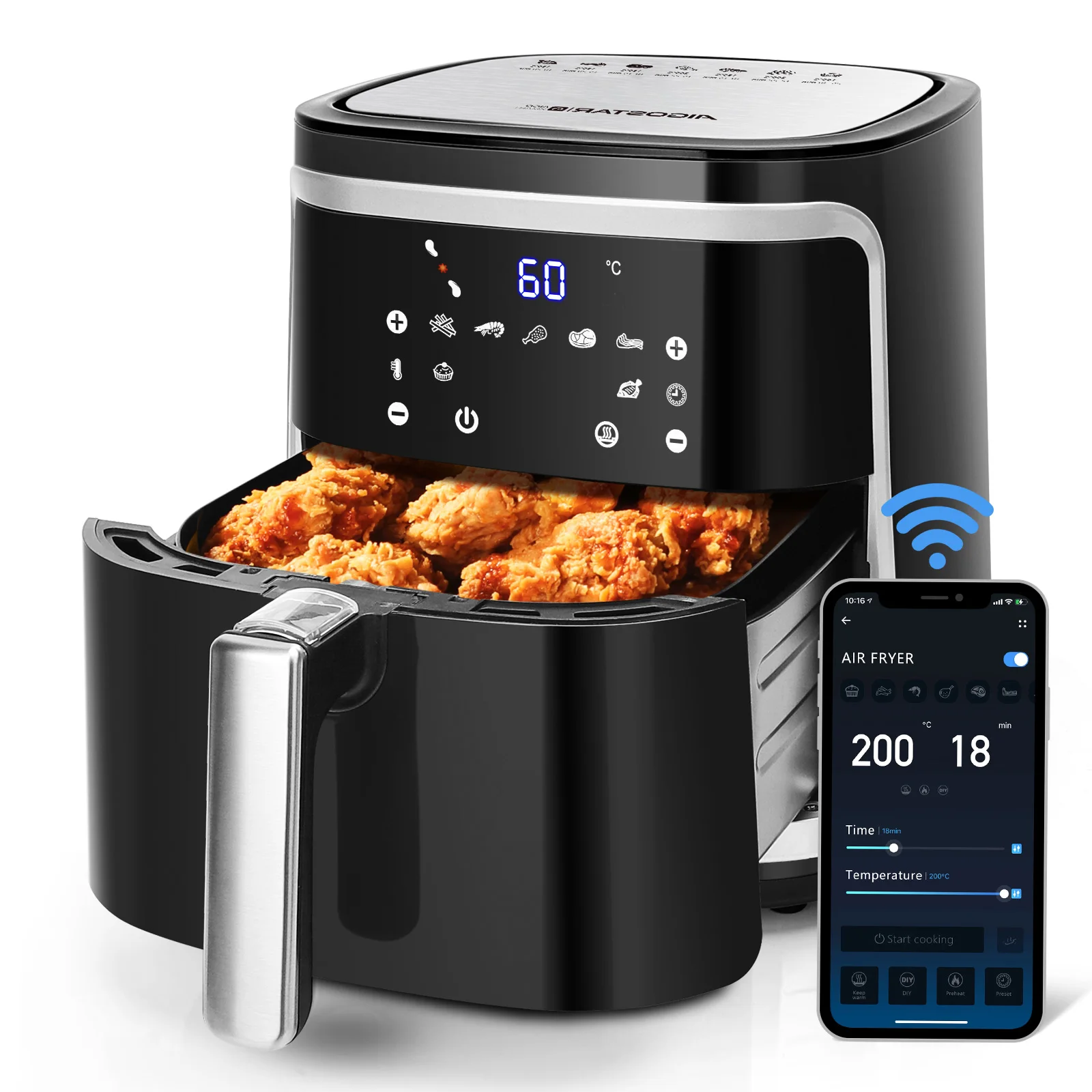 AIGOSTAR 7L 1900W Intelligent Oil Free Air Fryer Wifi connection. LED touch screen, 7 preset functions + keep warm and manual mode, BPA free