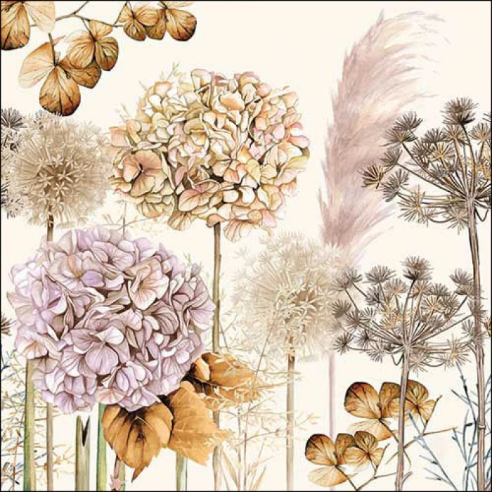 Ambiente, paquete de 20 servilletas de papel decoradas 33x33cm con estampado de Flores Secas y Hortensias