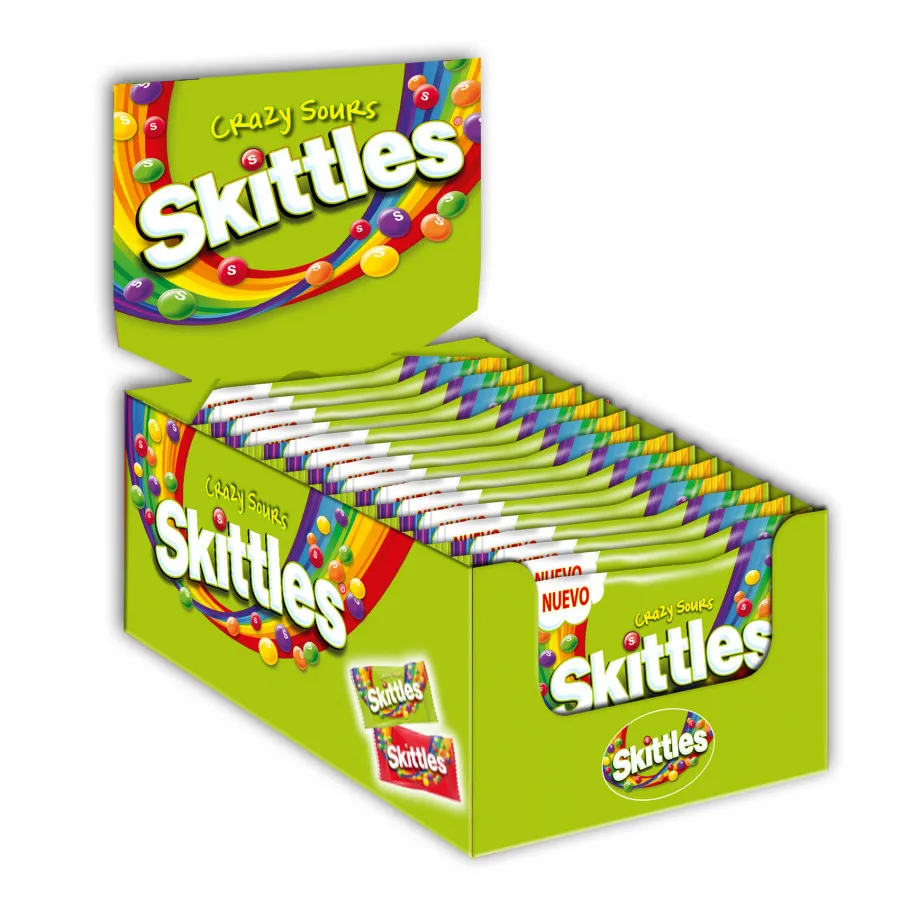 Caramelos Skittles Crazy Sours - Caramelo masticable delicioso y afrutado. Sabores: naranja, lima, limón, fresa, grosella negra. Formato; Caja de 14 unidades de 38 gramos cada unidad.