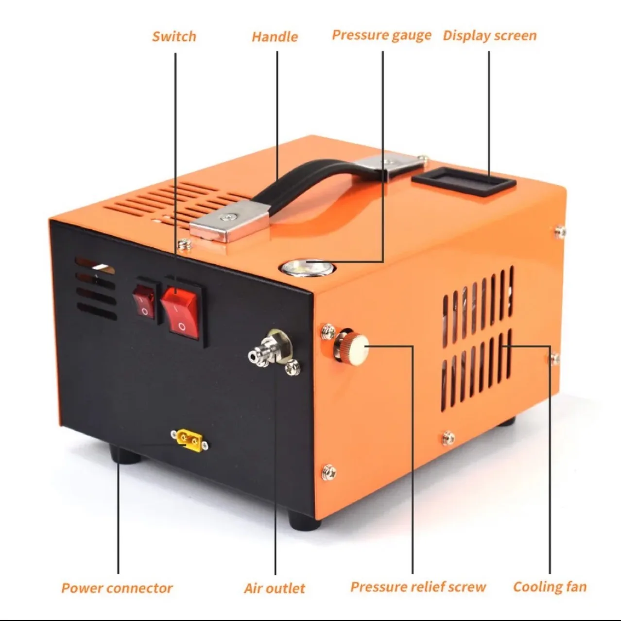 4500PSI 30mbar Portable PCP Air Compressor Pump 12VDC/220V Power Oil/Water-Free High Pressure PCP Compressor for Diving Tank