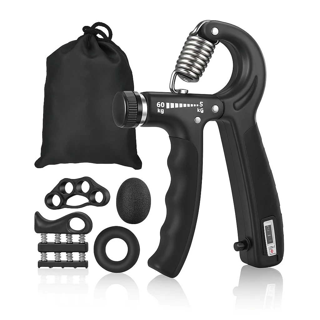 Kit Fortalecedor de Mano y Antebrazo Ajustable 5-60 kg – Set Completo con Contador, Anillos de Resistencia, Ejercitador de Dedos y Bolsa de Transporte – Ideal para Rehabilitación, Escalada, Fitness y