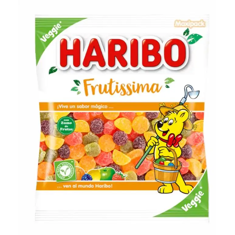 HARIBO FRUTISSIMA VEGGIE 1KG con zumo de frutas son caramelos de goma con forma de frutas, con diferentes texturas y sabores, recubiertos de Azúcar y aptos para vegetarianos SABOR ORIGINAL HARIBO
