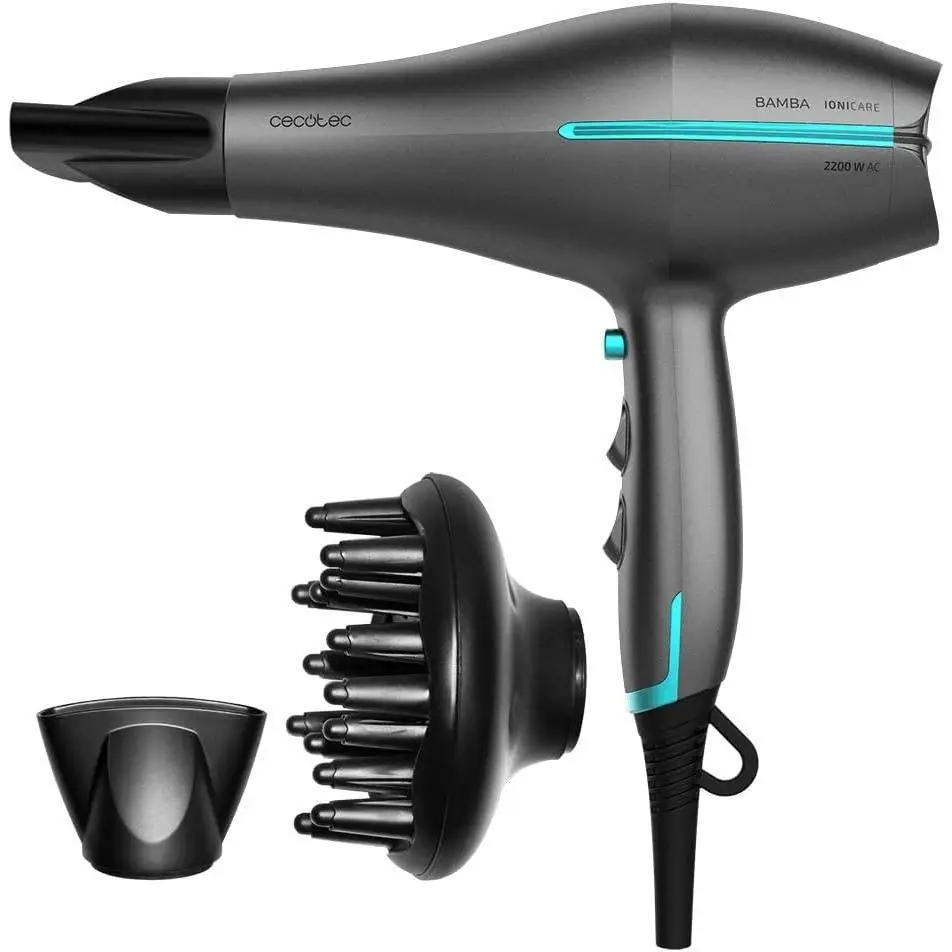 Cecotec Secador de Pelo Iónico Bamba IoniCare 5300 Maxi Aura Black. 2200 W, Motor AC, Función de Aire frío, Cable 1.8 m, Incluye Difusor y Concentrador, Negro