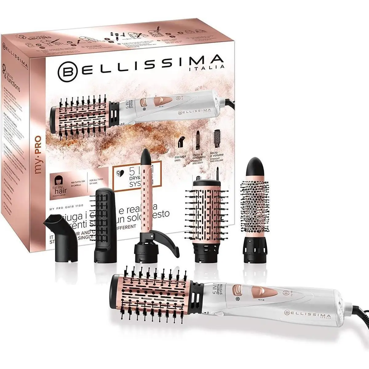 Bellissima My Pro GH18 1100 Air Shaping Brush, Ceramic Coating, 5 Accessories, 1000W