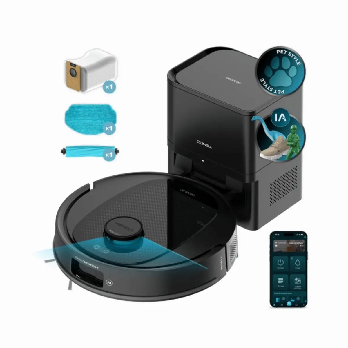 Robot aspirador Cecotec Conga Y80 base de autovaciado con IA WiFi negro