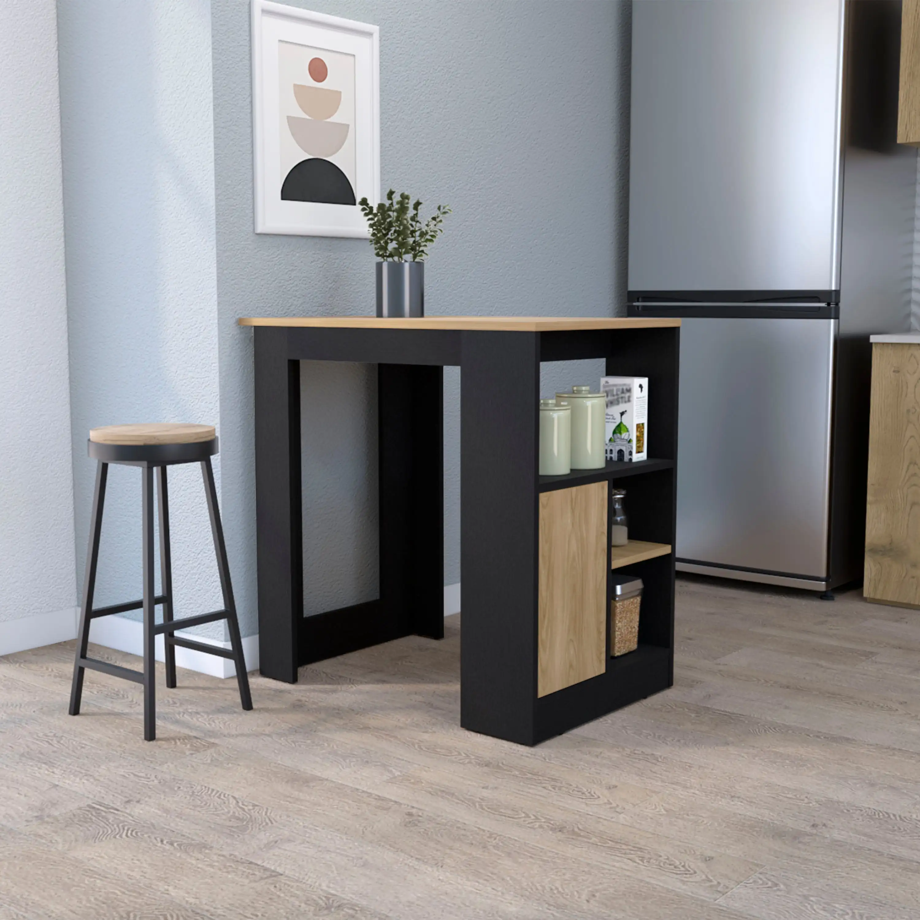 Isla de cocina Stirling en melamina con 3 estantes y puerta de almacenamiento inferior , Negro / Beige , 91.3 cm X 92 cm X 59 cm