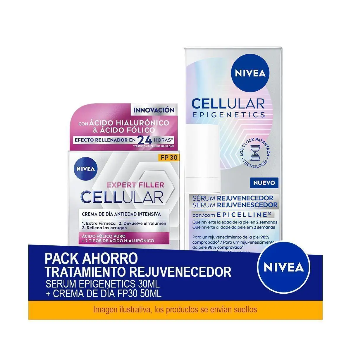 NIVEA CELLULAR Pack Ahorro Tratamiento Rejuvenecedor - Contiene Serum Facial Epigenetics 30ml + Crema de Día FP30 50ml