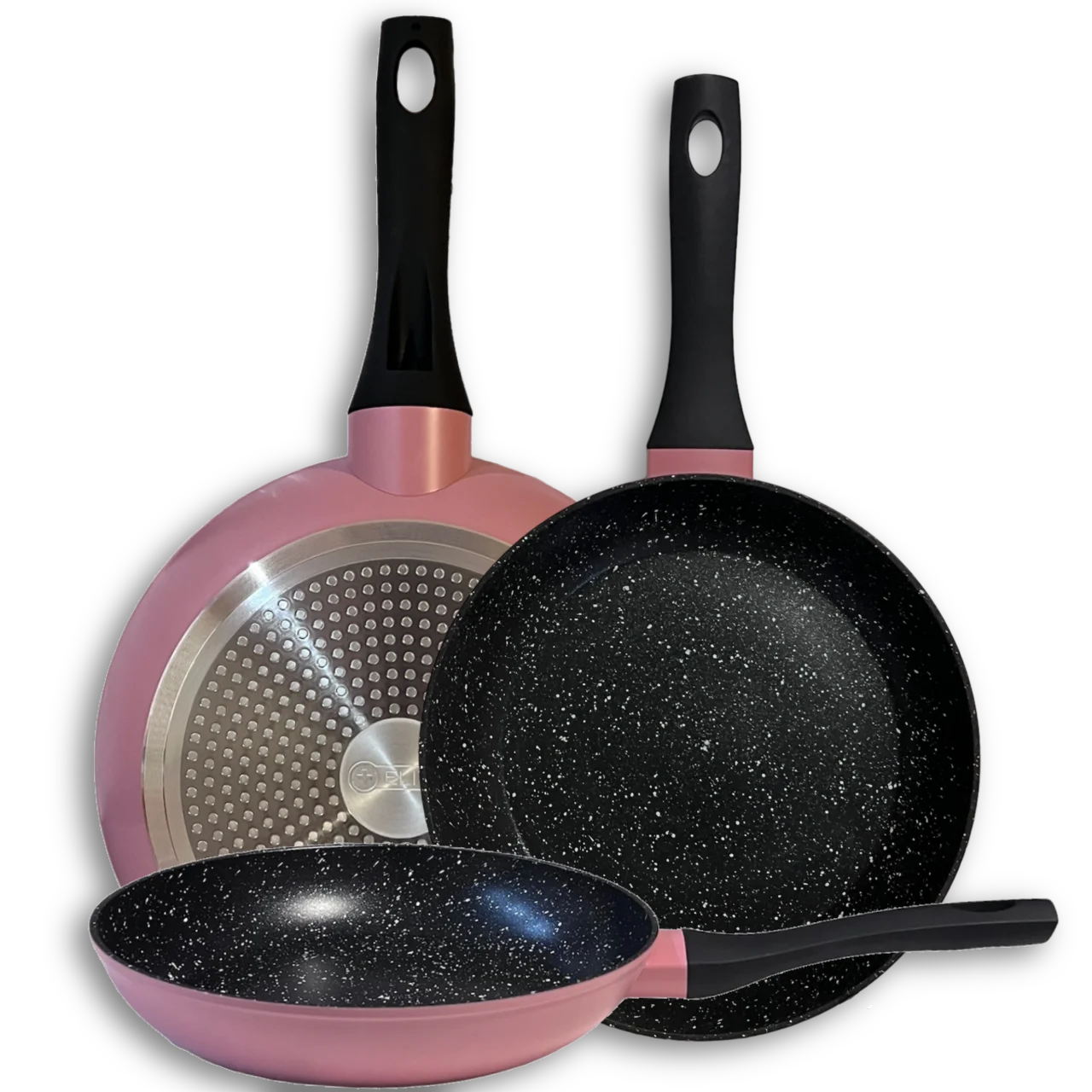 Set of 3 Elite Forged Aluminum Pans, Pink Lacquer | Non-stick Three-layer, Ergonomic Handle | Free from PFOA