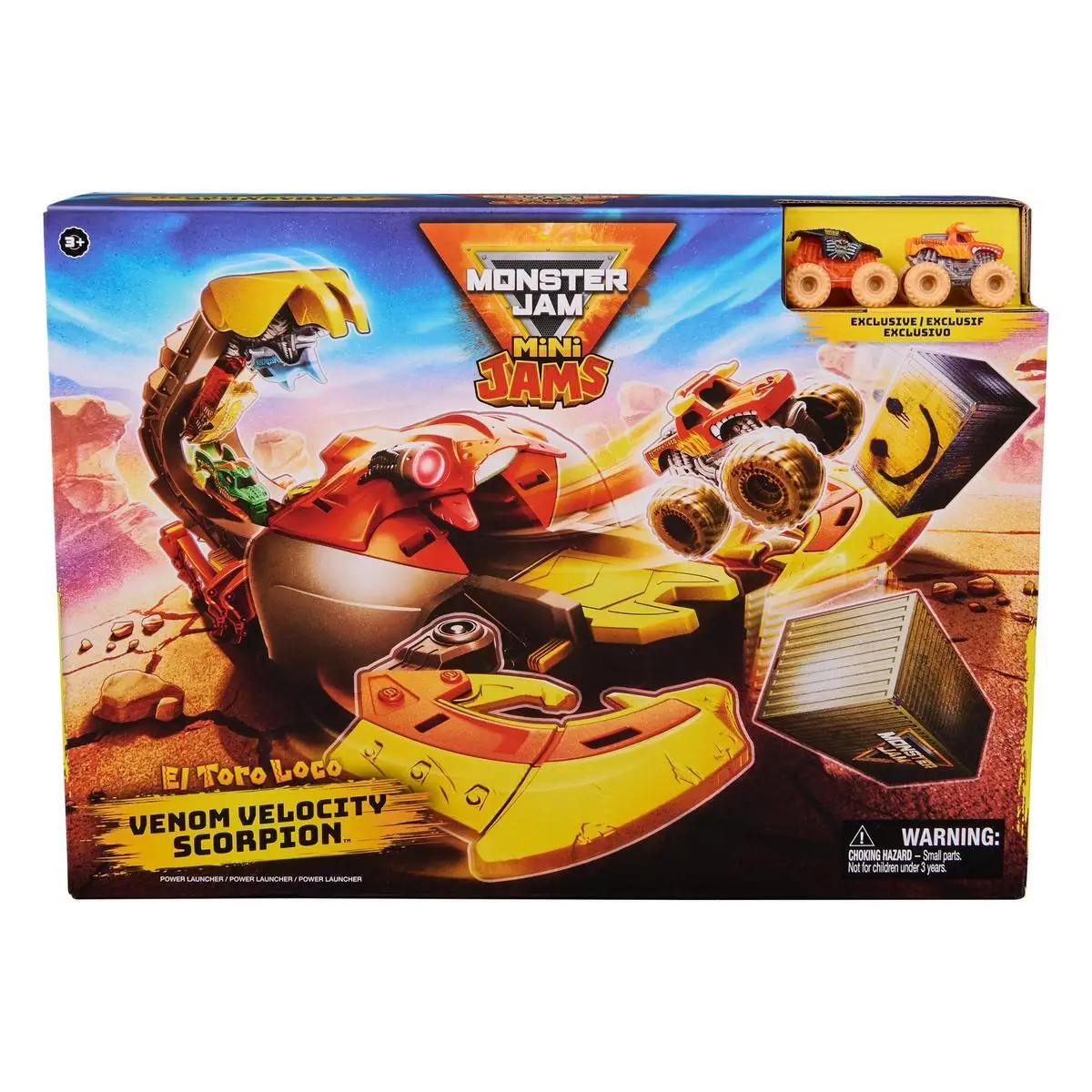 SPIN MASTER - MONSTER JAM - Escenario EL Toro Loco Venom Velocity Scorpion+ Mini JAMS Toro Loco Y MAX-D Monster DE Metal Escala 1:87-6069752-Monster Truck-Coches para Niños -Juegos Infantiles-