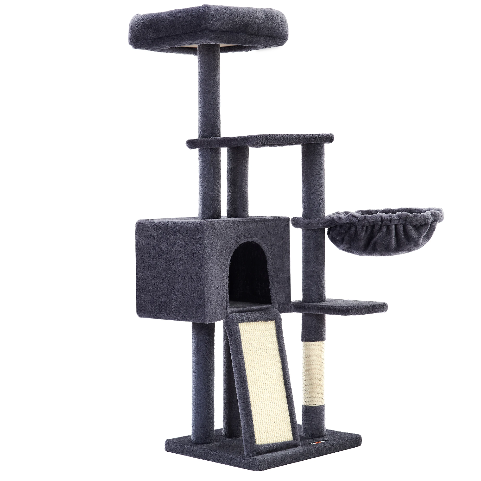 FEANDREA Árbol para Gatos Pequeños, 135 cm, Condominio para Gatos de Felpa de Varios Niveles, con Cubierta de Plataforma Extraíble y Lavable, Rascador, Cesta, Cueva, Gris Oscuro/Gris Claro