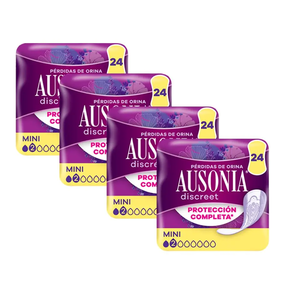 Ausonia Discreet Compresas Para Pérdidas De Orina Para Mujer Mini, Protección Completa*. Discreción Increíble, 4x24 unidades.