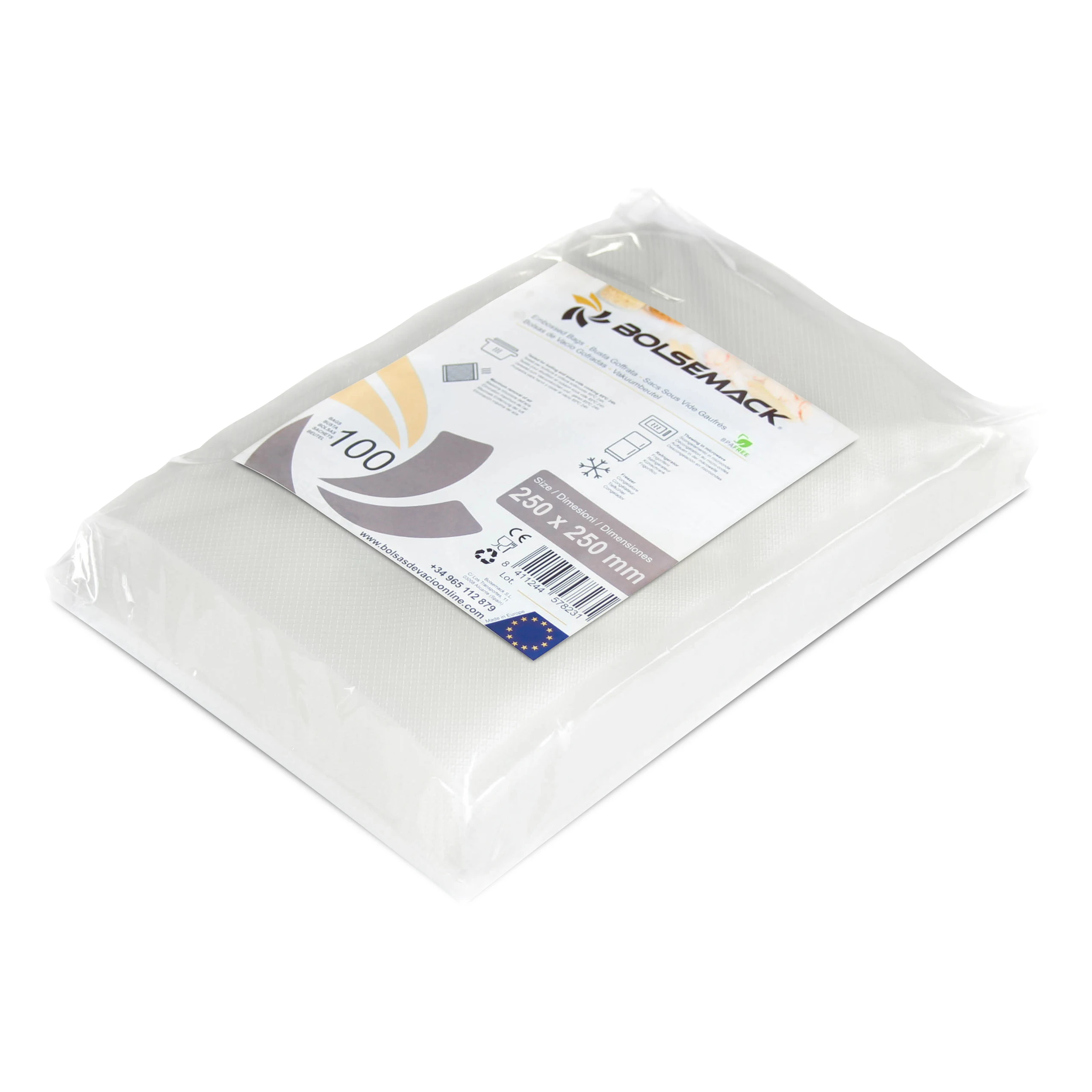 Bolsemack Bolsa gofrada envasado al vacio 250x250 mm. (25x25 cm.) 100 uds. Bolsas de vacío para alimentos Compatibles con todo tipo de envasadora al vacío doméstica Aptas para cocina sous vide Sin BPA