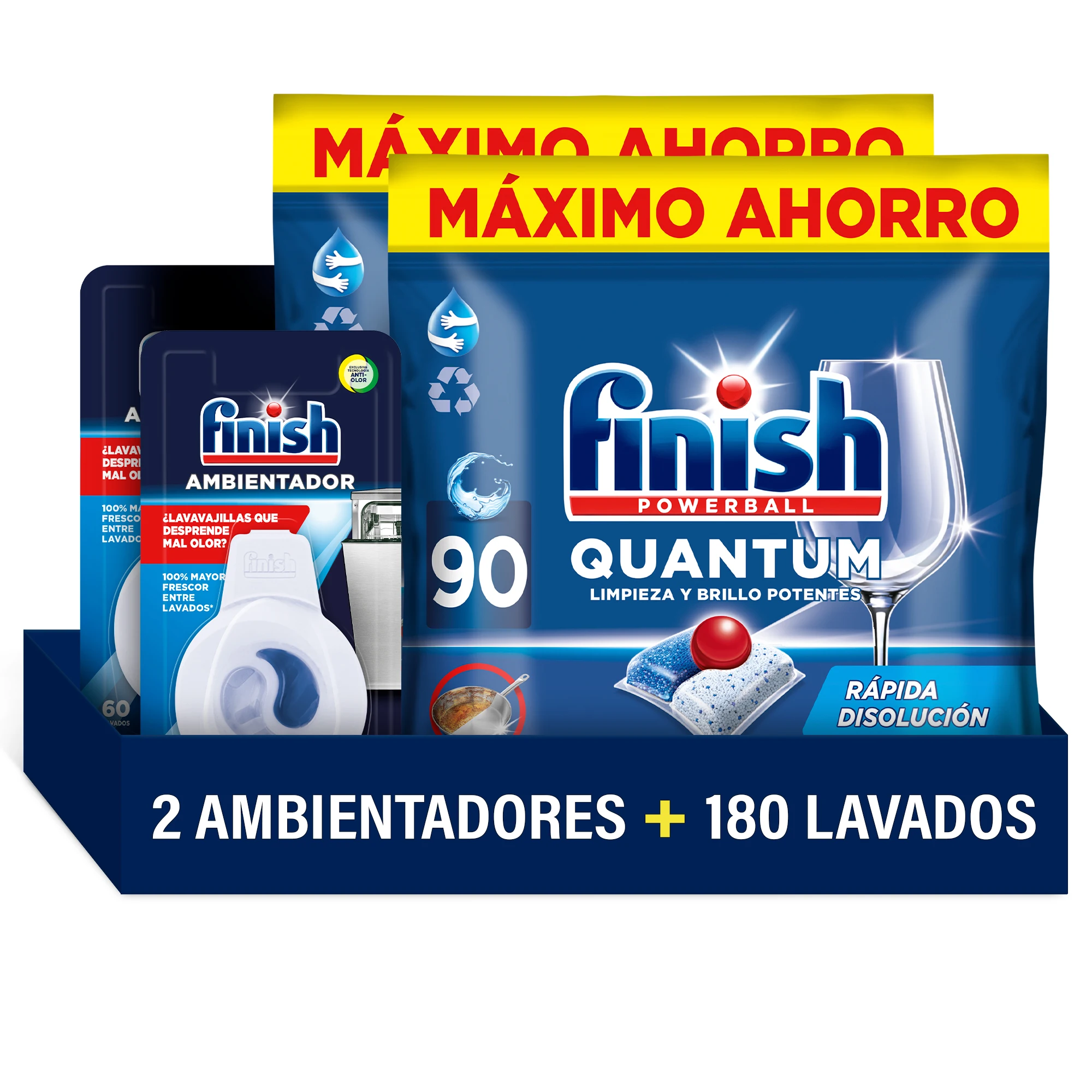 Finish Powerball Quantum 180 Pastillas para Lavavajillas + 2x Ambientador Fresco, Limpieza y Brillo Potentes, Aroma Regular Formato 2x90