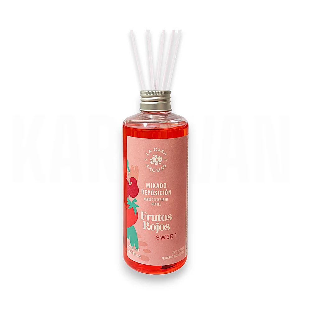 Ambientador Liquido Mikado Frutos Rojos - Reposición, Recarga Especial de 1000ml  500ml  250ml - Aroma Único, Intenso y Duradero. Pack de Unidades - Set de Varillas Difusoras de Aroma de Fibra - La Casa De Los Aromas.