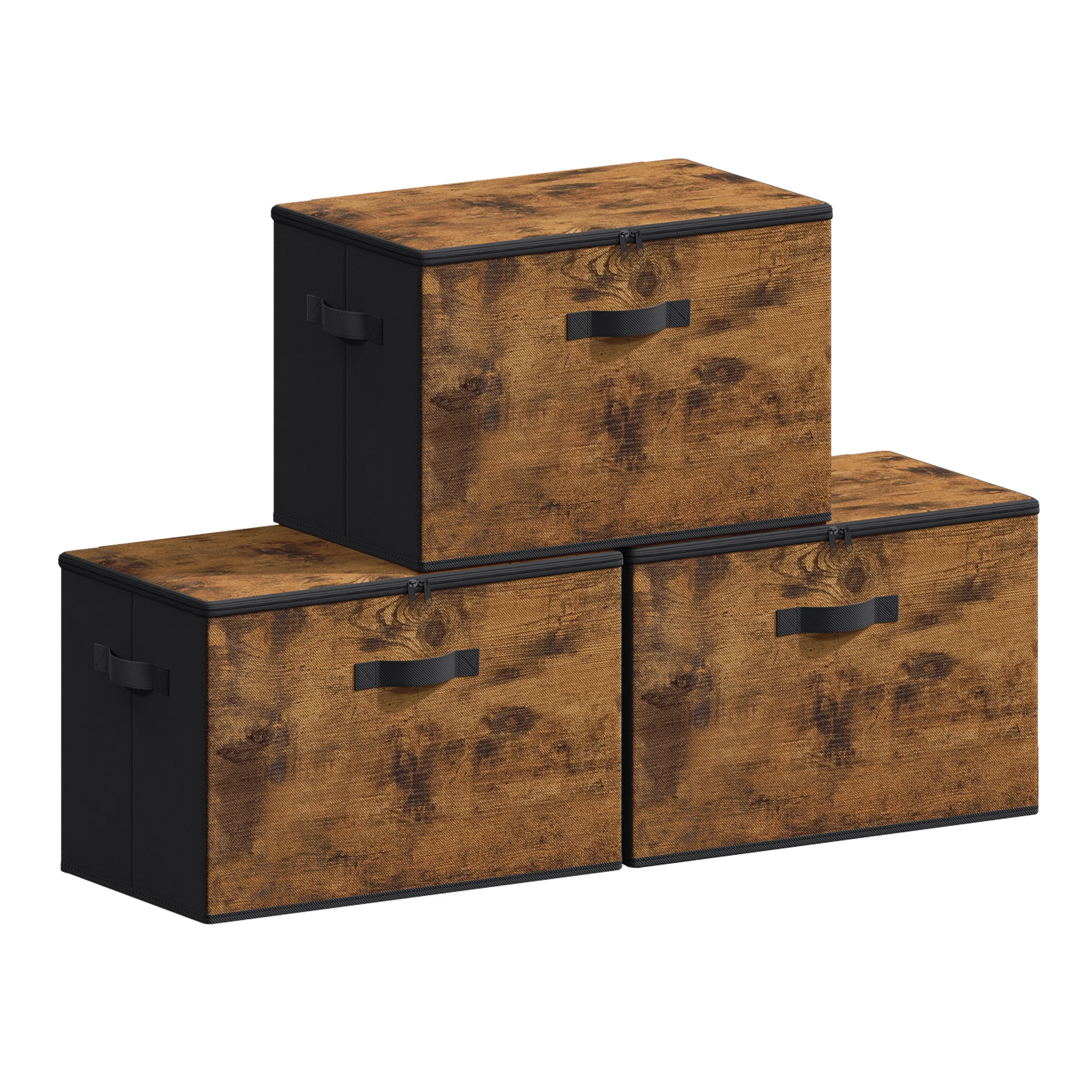 SONGMICS Cajas de almacenamiento plegables, juego de 3/6 organizadores en cajas con tapas y asas, para ropa, 50 x 30 x 30 cm, tejido de tela no tejida, marrón rústico