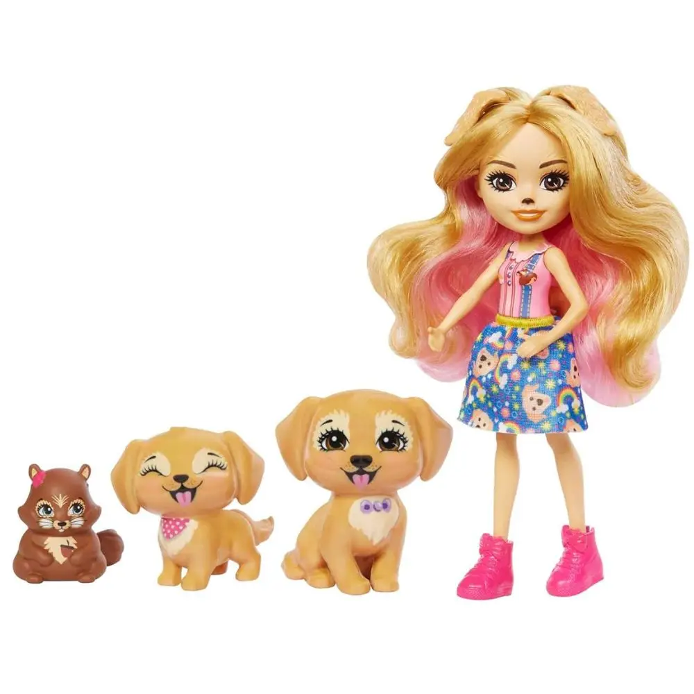 Enchantimals Gerika con familia perros Golden Retriever y muñeca Mattel colección City Tails