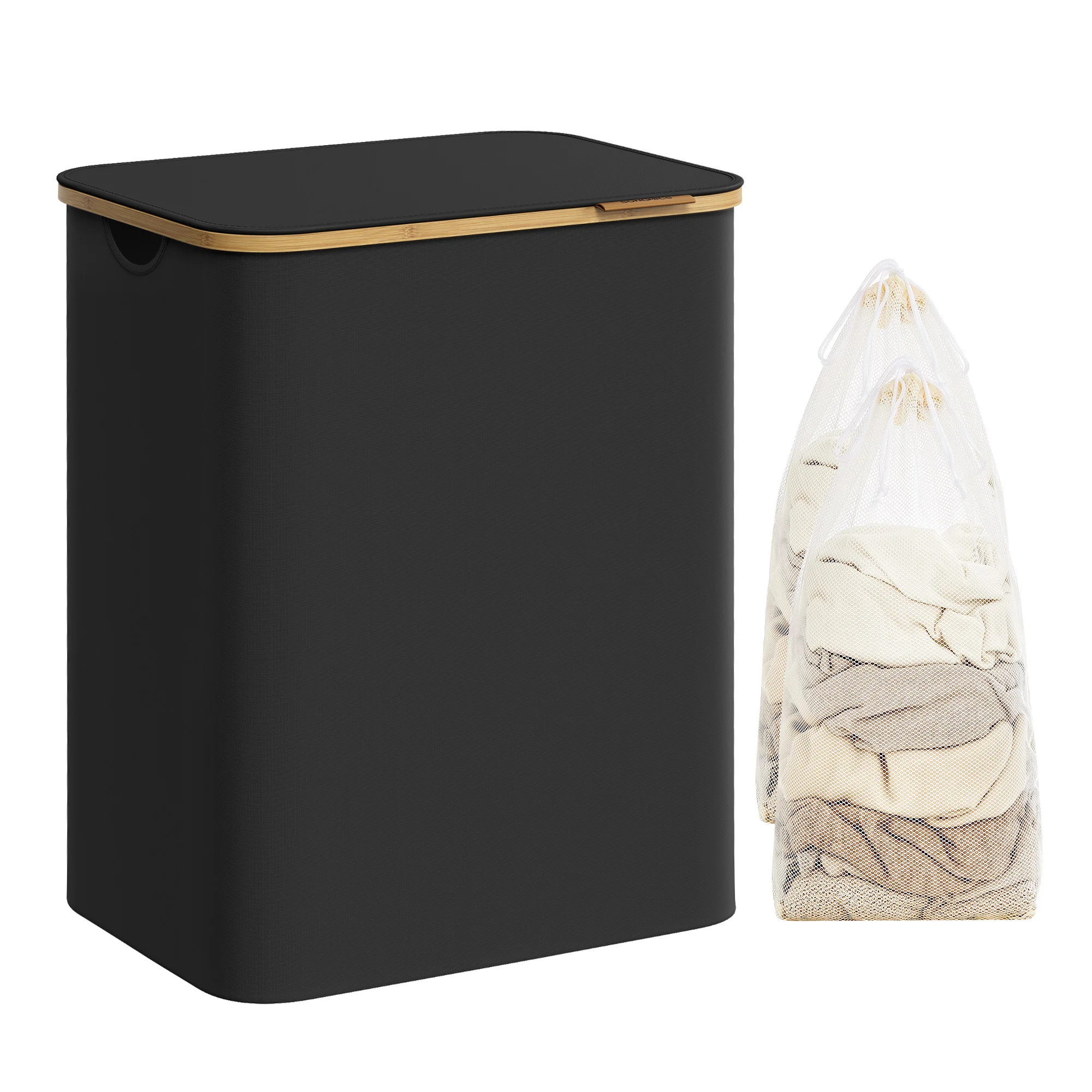 SONGMICS Cesto de Ropa Sucia con Tapa, Gran Cesta Colada de 2 Secciones, 130 L/65 L, Forro de Malla Extraíble, Tejido Oxford, Asas Bambú, Plegable, 52 x 38,5 x 70,5 cm/42 x 22,5 x 70,5 cm, Negro Tinta/Gris Paloma/Blanco Crema