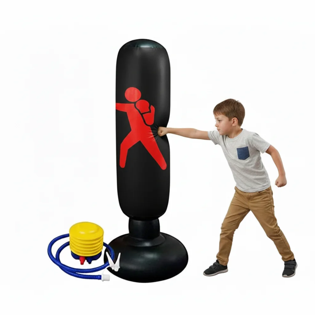 JOWY Saco de Boxeo Inflable. Saco de Boxeo de pie para Niños con hinchador Incluido. Base de Relleno con Agua o Arena, sujeción. 160cm Alto. (Negro)