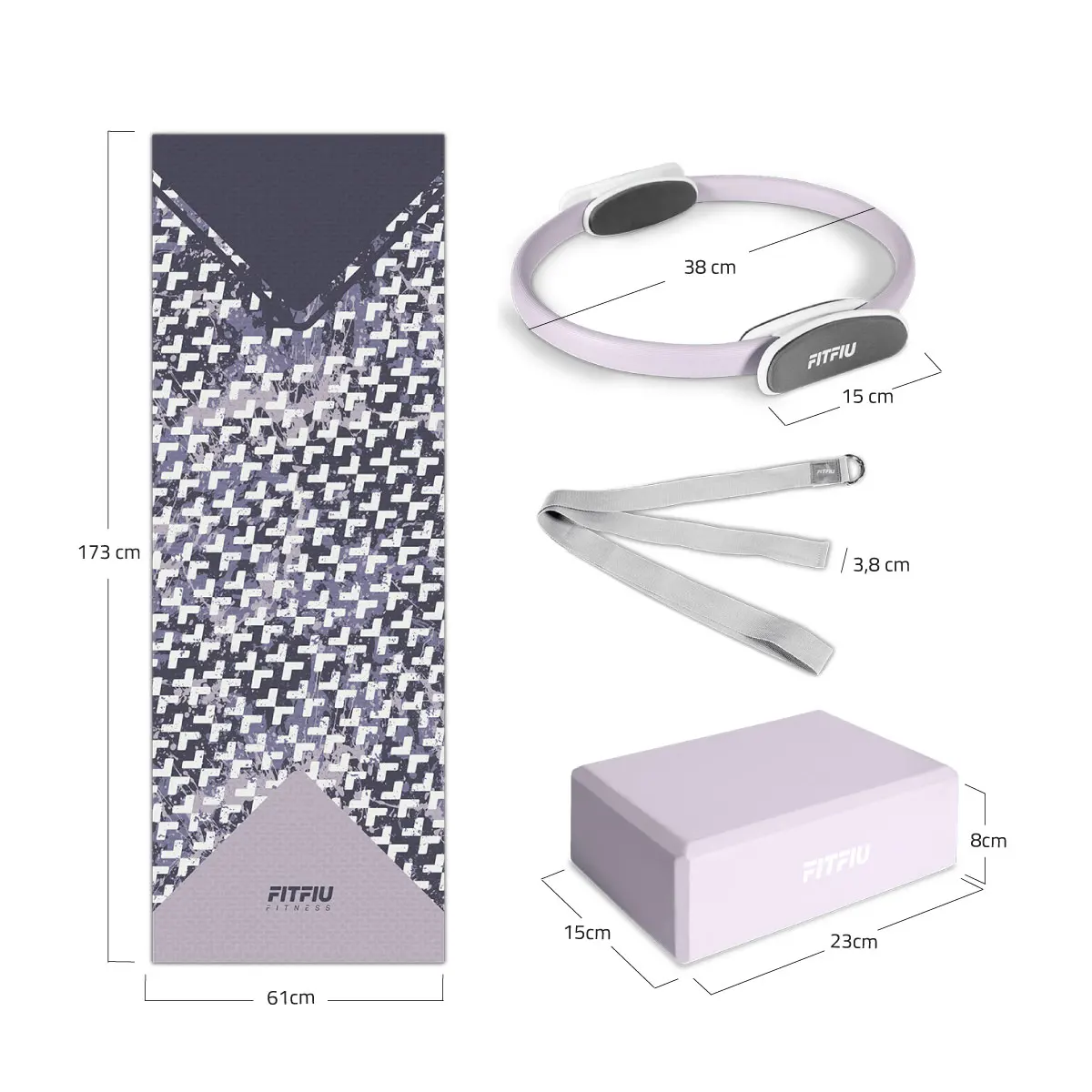 FITFIU Fitness KITWELL-400 - 4 Piece Yoga and Pilates Accessory Set with Mat, Block, Ring, and Strap in Purple, ideal for enhancing flexibility and reducing stress while practicing yoga or meditation.