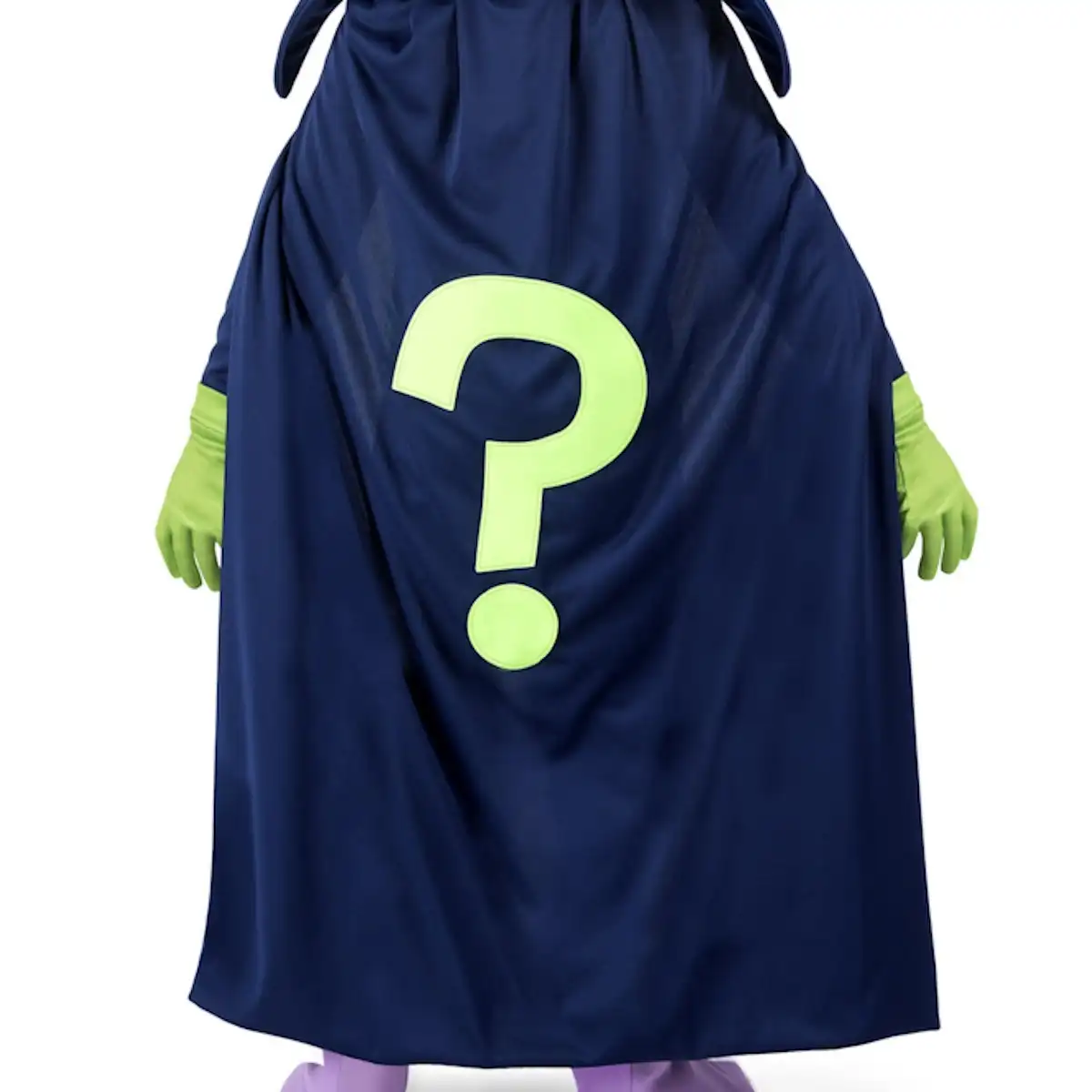 Enigma superthings children's costume, size 4-5 years. Includes dark blue jumpsuit and cape, hat with eyes, green gloves and lilac boot covers, with question mark details