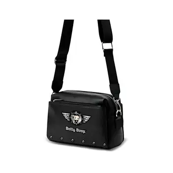 Borsa Porta Cellulare Betty Boop Motor Love - Tracolla Regolabile, Nera, Due Scomparti, 12x20 Cm