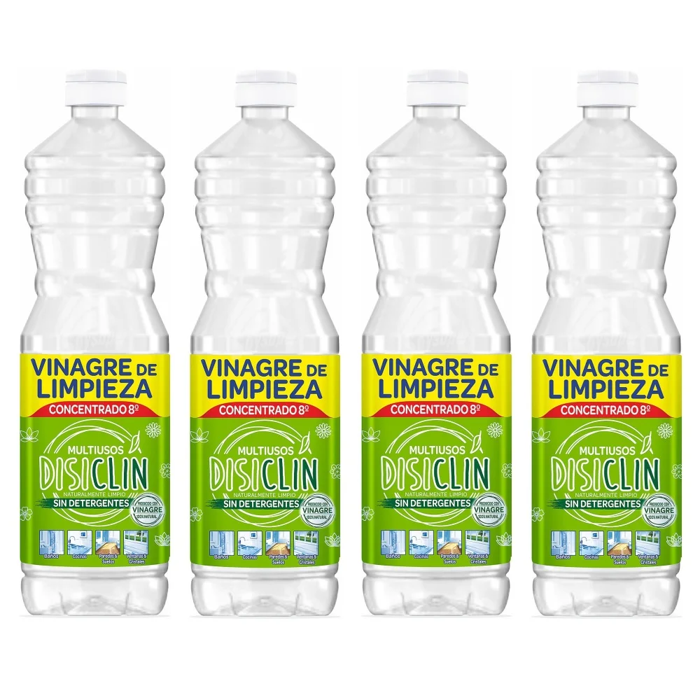 DISICLIN Vinagre Blanco de Limpieza Concentrado 8º Multiusos Botella 1.000ml (Pack 4) - Sin detergentes, Con vinagre 100% natural, Limpiador para todas las superficies, Util para eliminar la cal y el óxido, dar brillo, y como suavizante para la ropa