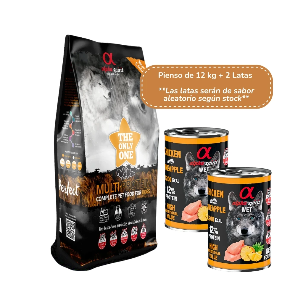 ALPHA SPIRIT - Multiprotein (+ 1 ó 2 Latas) - Alimento Completo en Pienso Seco para Perros Adultos de Todas las Razas