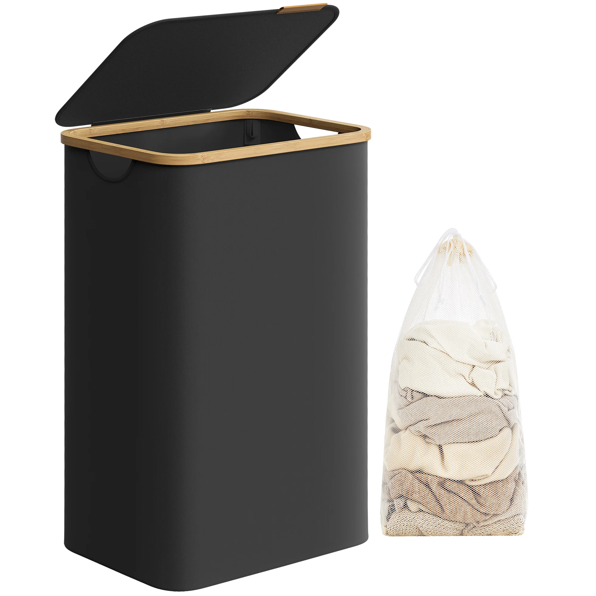 SONGMICS Cesto de Ropa Sucia con Tapa, Gran Cesta Ropa Sucia, 90 L, Forro de Malla Extraíble, Tejido Oxford, Asas Bambú, Plegable, 42 x 32 x 70,5 cm, Negro Tinta/Gris Paloma/Azul Carbón/Verde Menta/Marrón Camello/Blanco Crema