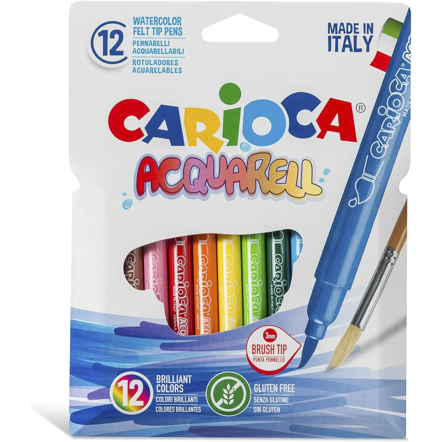 Carioca A53321012 - Pack de 12 rotuladores, Multicolor， Carioca Acquarell, Rotulador con Punta Pincel con Tinta Lavable, Material Escolar,