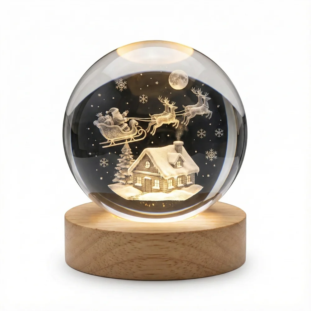 SODANY Bola de Cristal 3D Luz Nocturna LED Navidad Santa Claus 6cm Base Madera USB