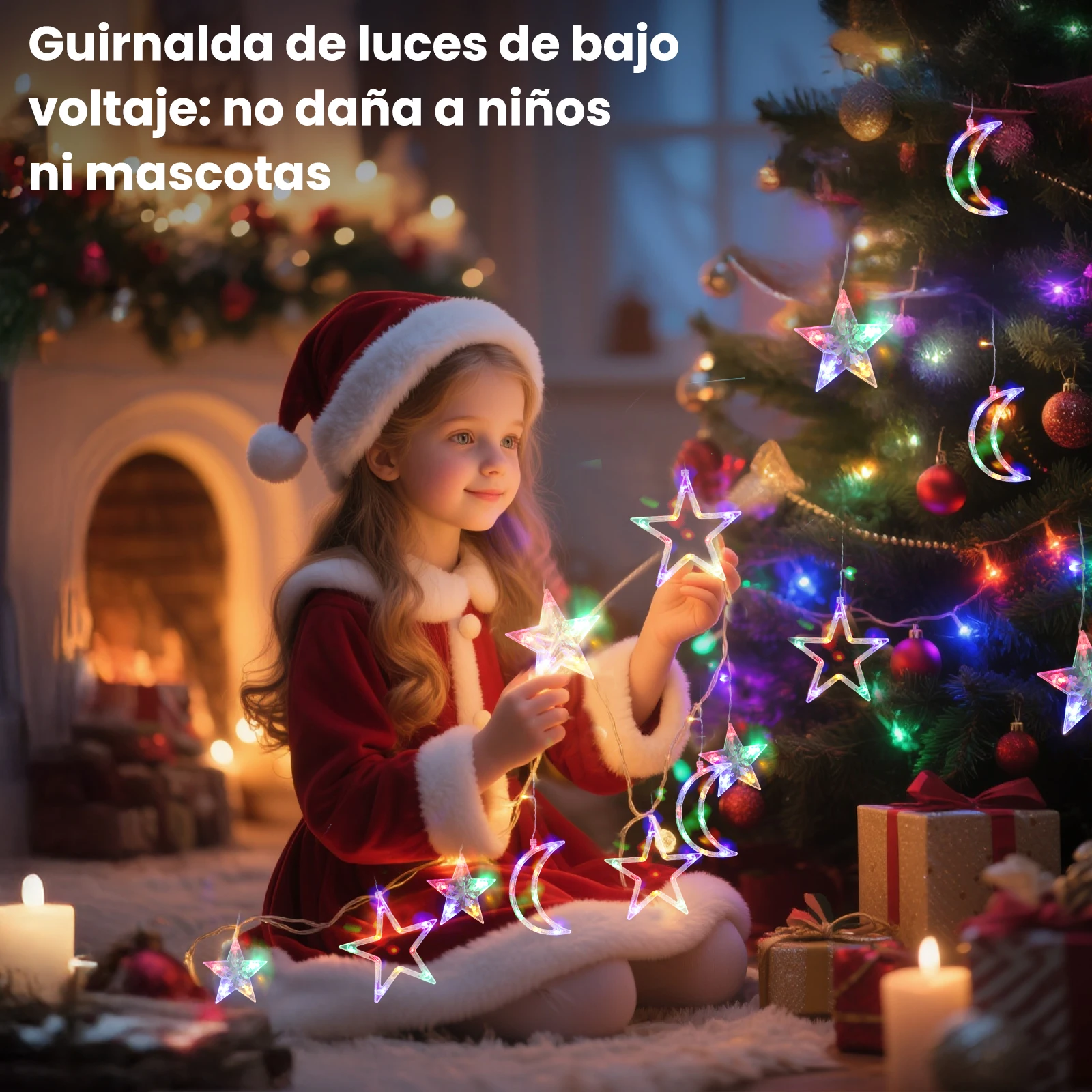 Aigostar luces de cortina de Navidad con estrellas y lunas RGB, 3M*3M*0.6M, 8 Modos Cadena de Luces con Remoto, 120 LED, temporizador, Resistente al Agua, para exterior y Interior, decoracion navidad