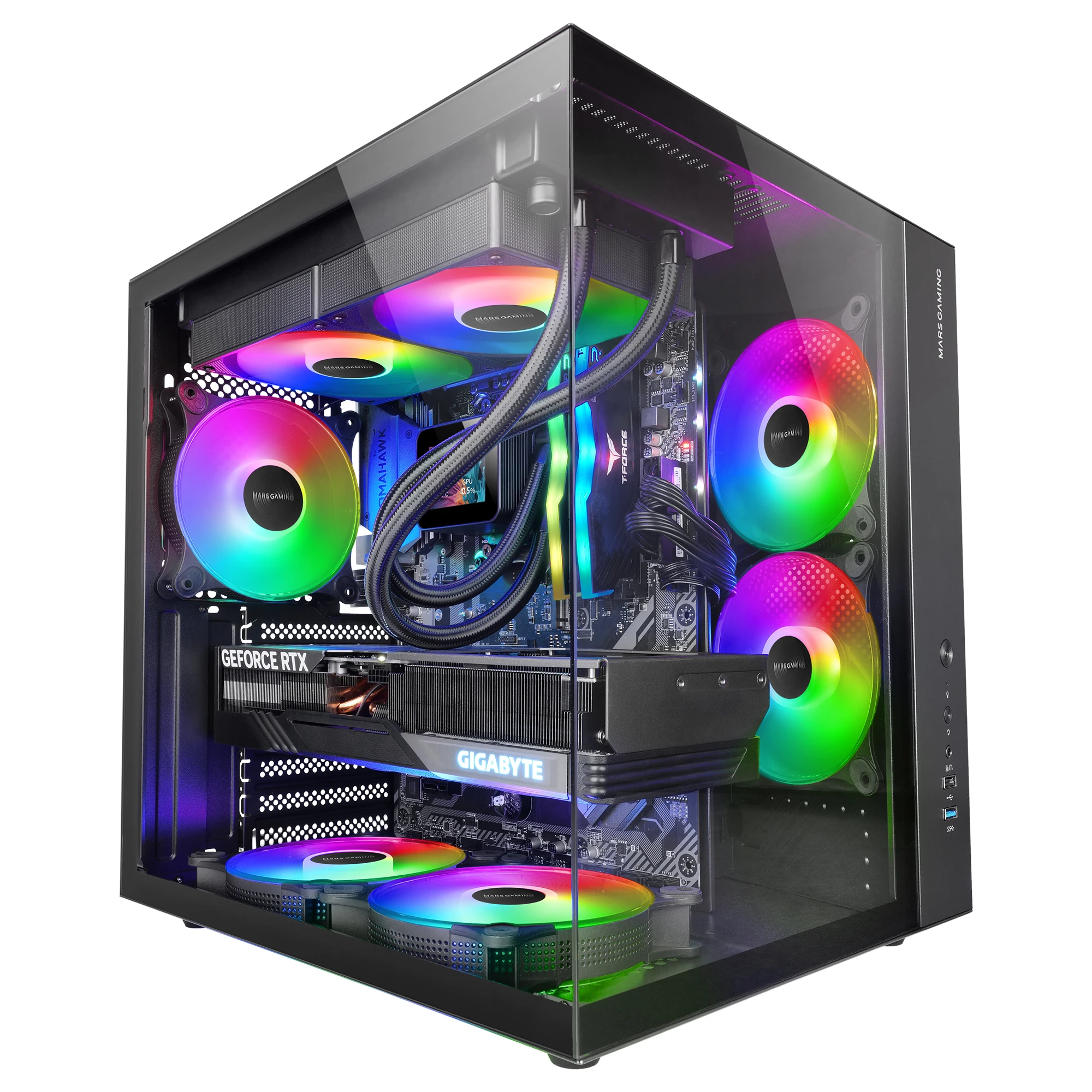 Mars Gaming MCV-ONE, Caja Gaming ATX, Doble Cristal Templado Continuo, Ventilador Trasero FRGB 12cm, Estructura Doble Cámara, Semitorre PC Compacta, Soporte Refrigeración Líquida hasta 240mm,  Caja PC