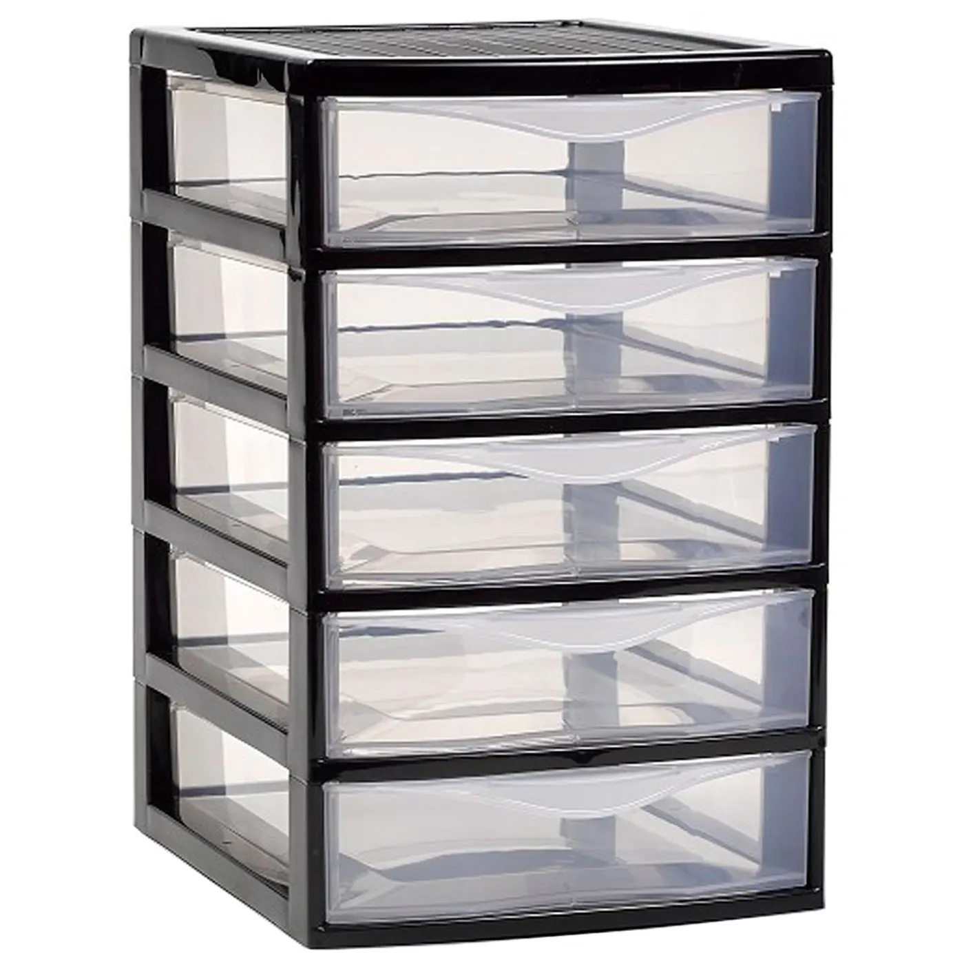 Tradineur - Cajonera guadiana de sobremesa, incluye 5 cajones transparentes, torre de almacenaje, armario, baño, oficina, fabricada en España (Negro - 28 x 18 x 21,5 cm - Modelo aleatorio)
