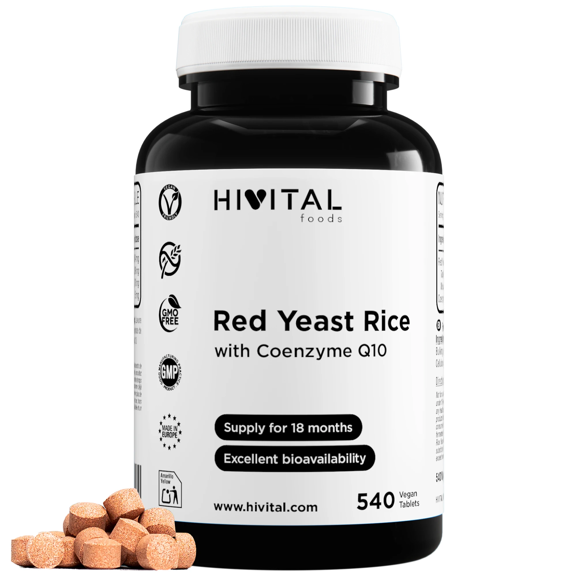 Levadura Roja de Arroz con Coenzima Q10 | 540 comprimidos veganos. Hivital