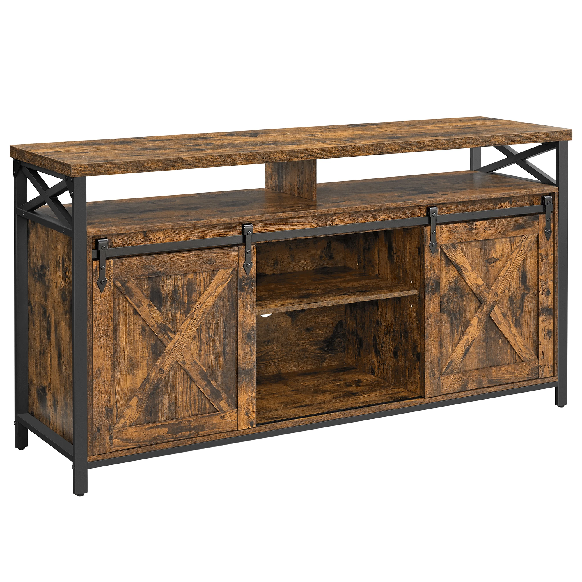 VASAGLE Mueble para TV, Soporte para TV de 65 Pulgadas, con Estantes Ajustables, Puertas de Granero, Diseño de Granja, Marco de Metal, Marrón Rústico 
