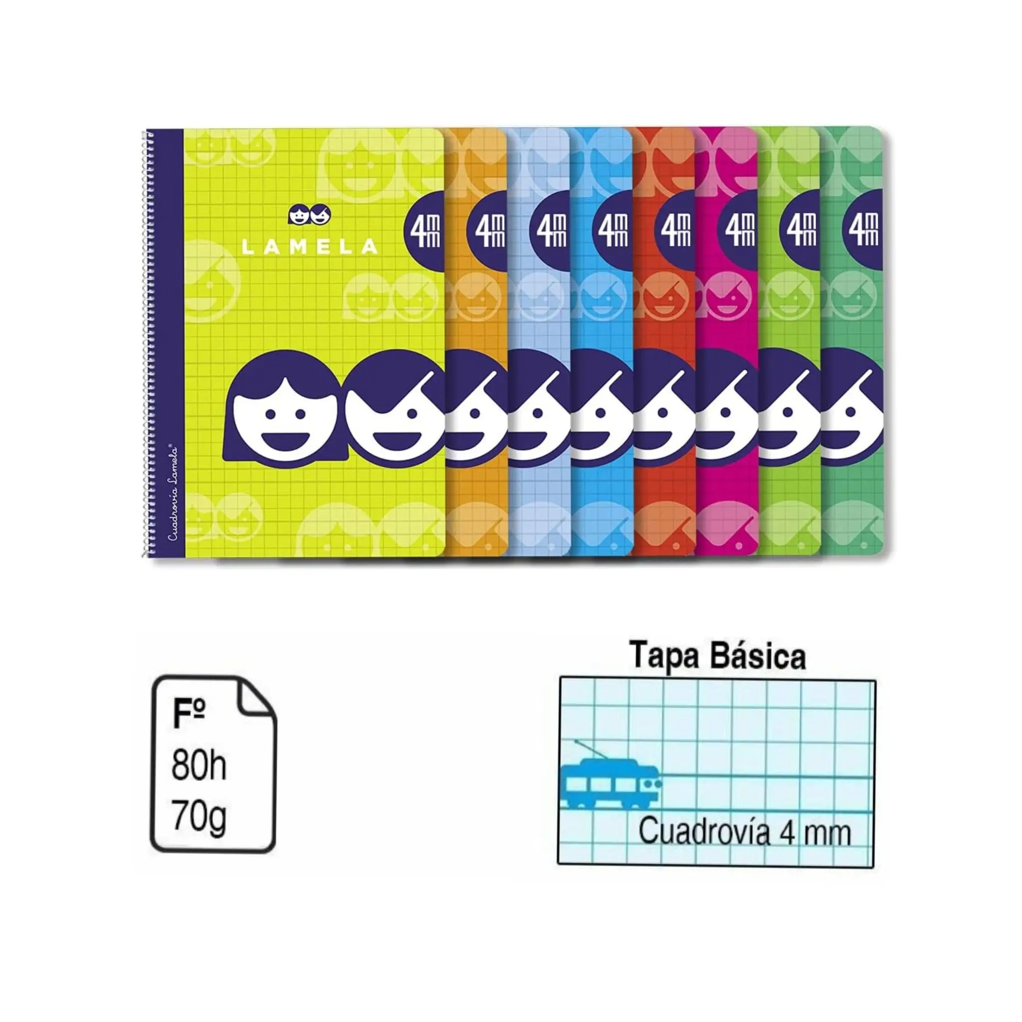 BLOC ESPIRAL Lamela cuadrovia 4mm A4 pack 5u Cuaderno colores surtidos aleatorios no repetidos tamaño folio con tapa de carton flexible blanda  80 hojas. Bloc espiral tamaño Folio 80 hojas.70 G Lamela