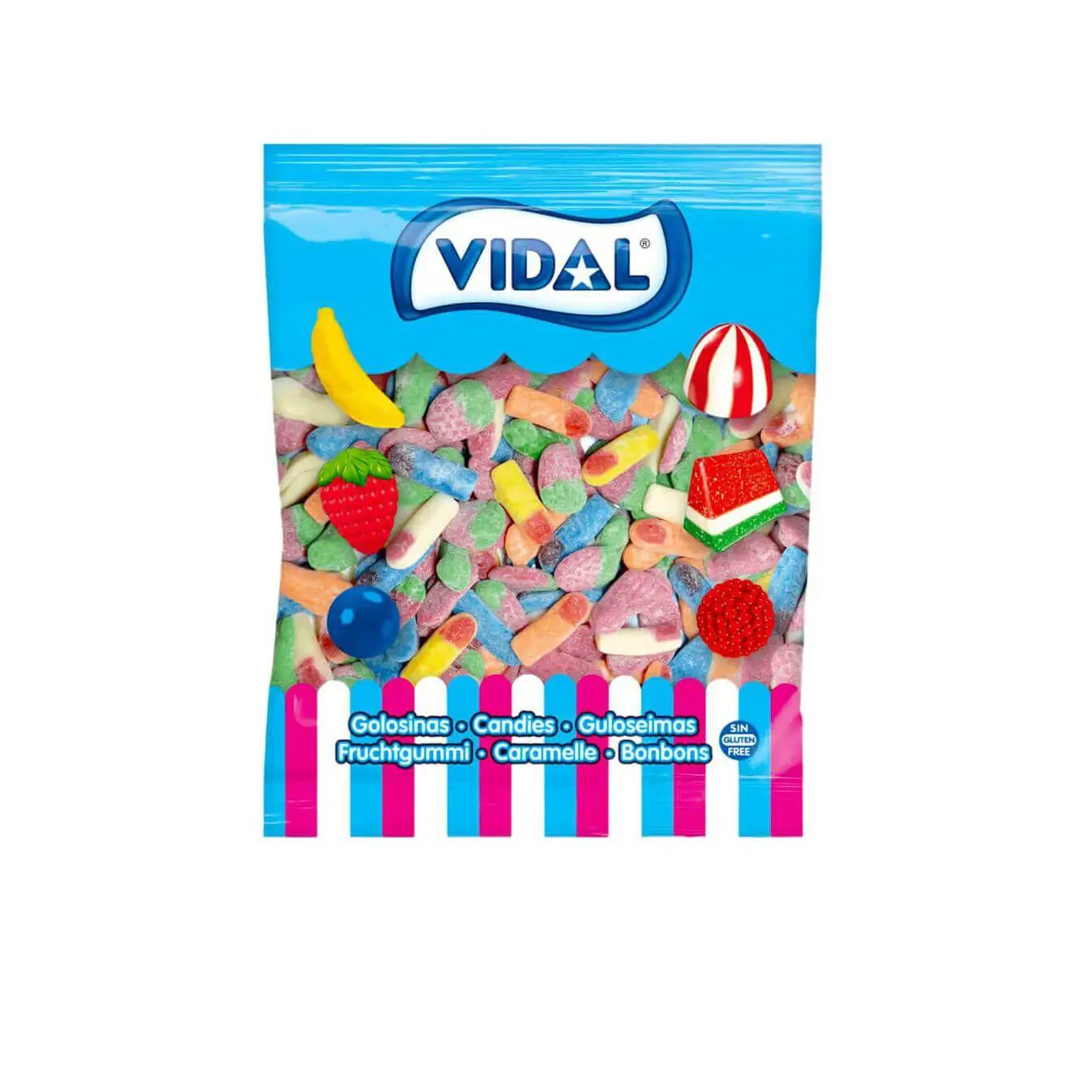 Gominolas Vidal Megasurtido Ácido bolsa de 1 Kg - Megasurtido ácido compuesto por fresas, dedos y pies. Todo un mix de clásicos recogidos en una única bolsa. Predominan el sabor fresa y frambuesa - Sin gluten y sin grasa