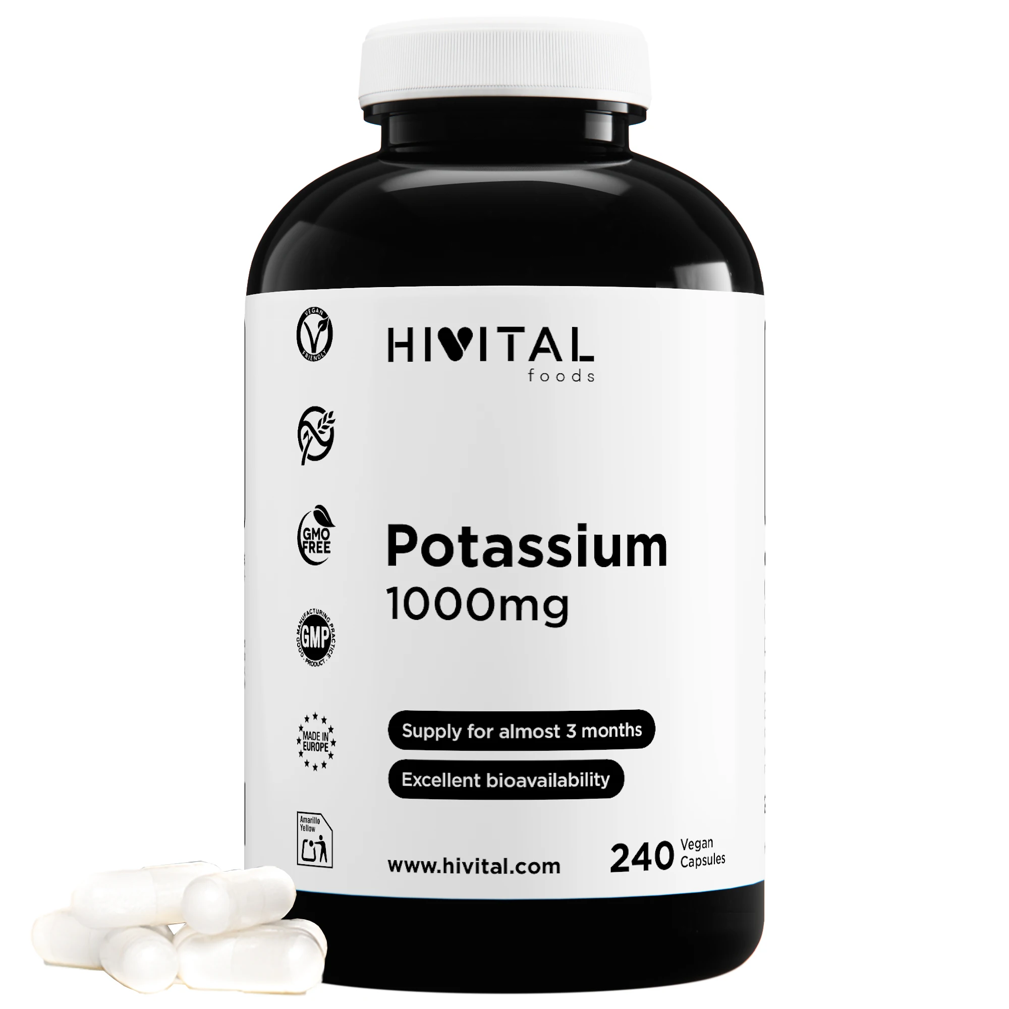 Potasio 1000 mg | 240 cápsulas veganas. Hivital