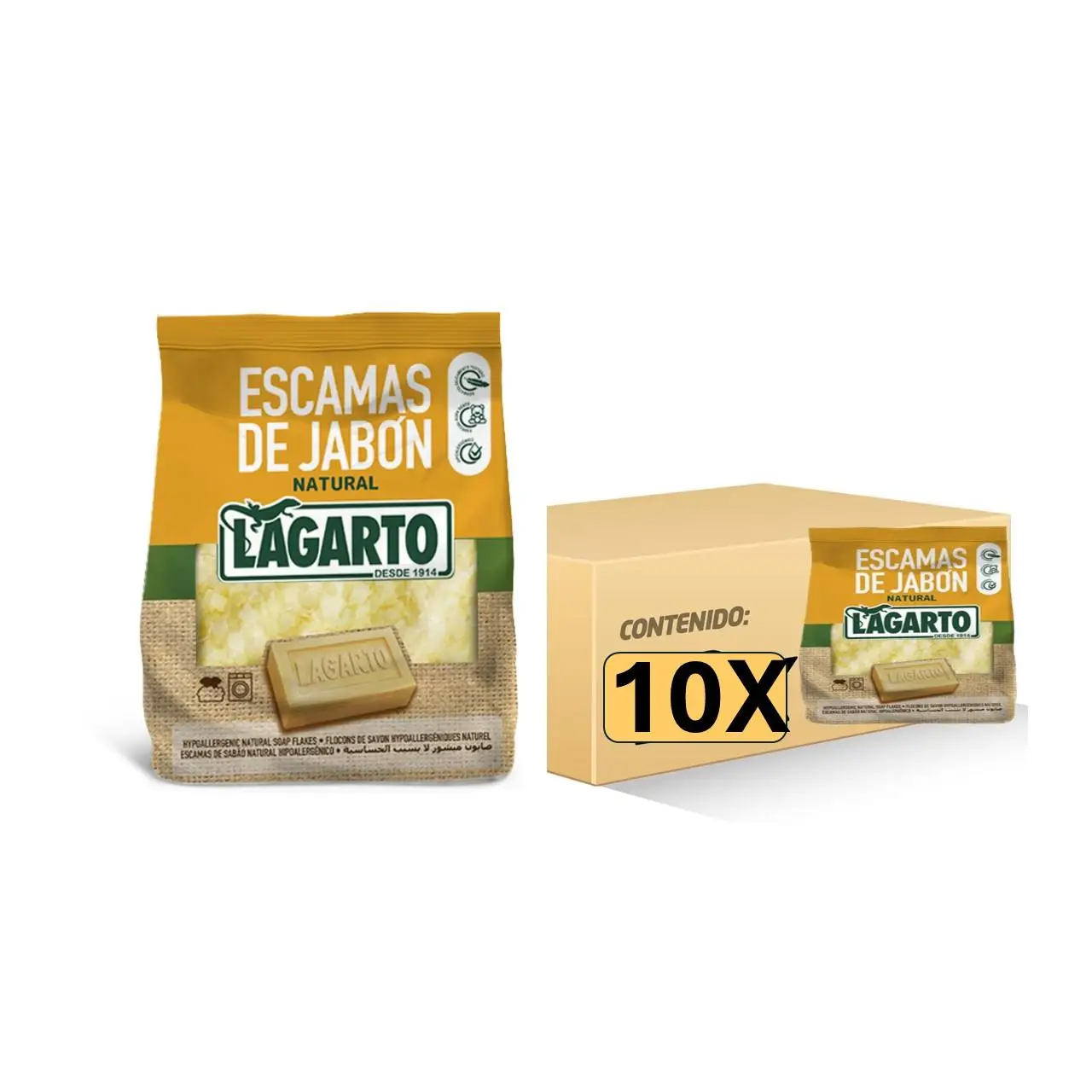 Lagarto - Caja de 10 paquetes de  Ecopack ESCAMAS de jabón natural LAGARTO HIPOALERGÉNICAS (bolsas de  400 gr)