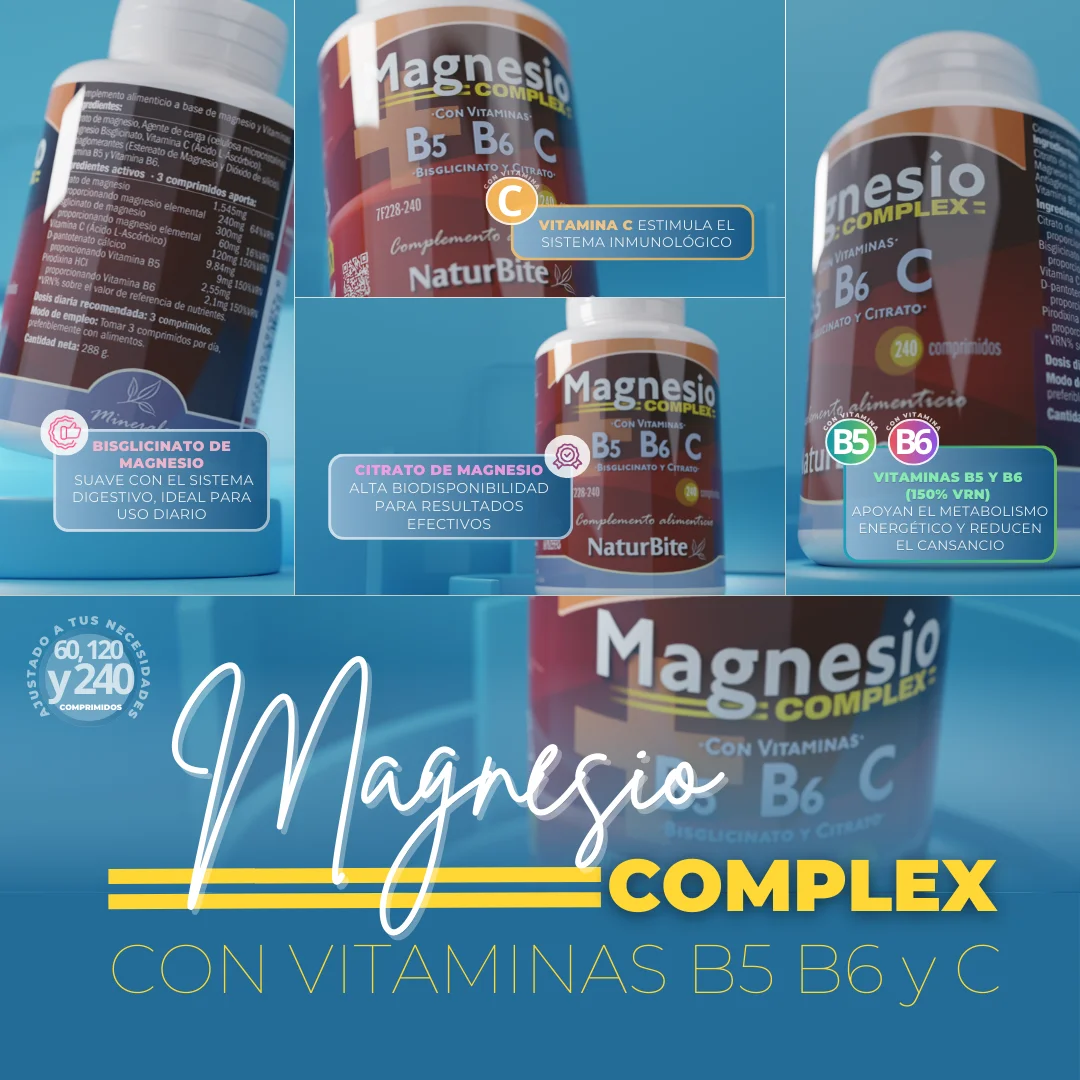 Naturbite magnesium complex with vitamins b5, b6 and c – magnesium citrate and bisglycinate tablets for energy, wellbeing and nervous function, vegan and highly absorbed formula. Improve magnesium intake with this symbiotic formulation.