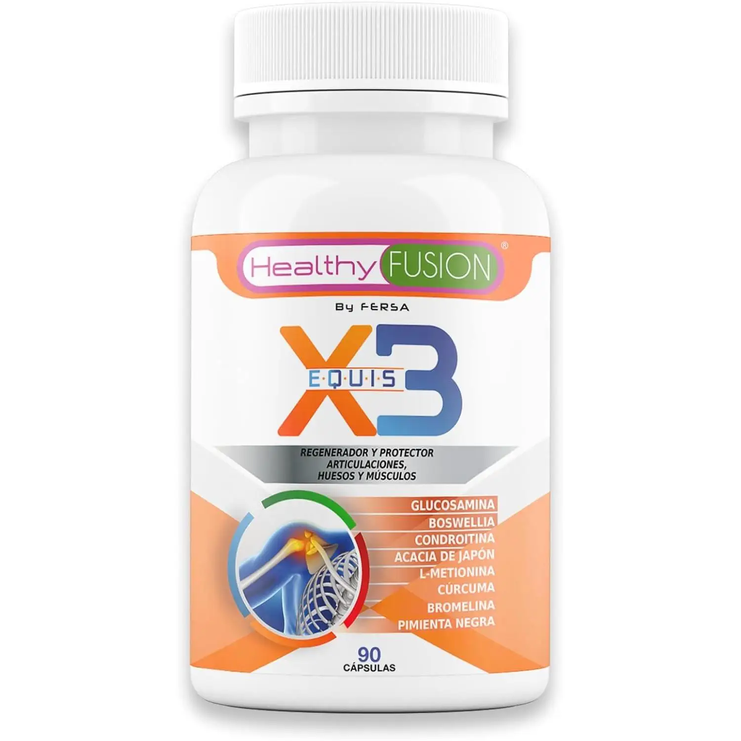 Healthy Fusion X3 Cúrcuma con Glucosamina y Condroitina | Potente antiinflamatorio Y analgésico natural | Elimina el dolor en músculos | Articulaciones y huesos | 90 Cáps