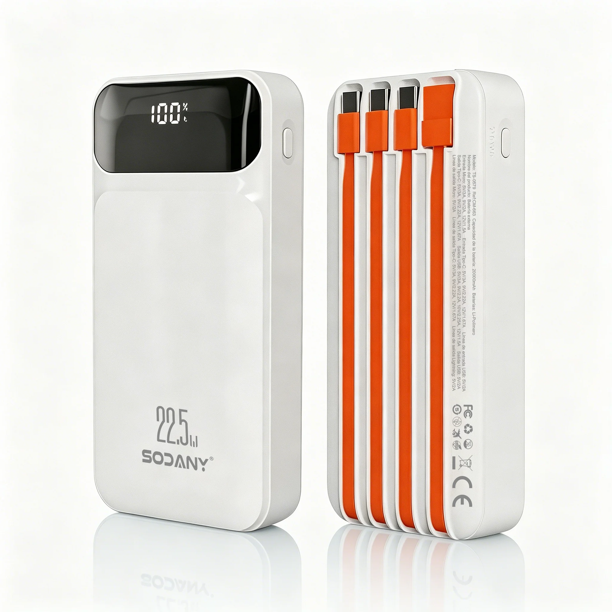 Sodany Batería Externa 20000mAh 22.5W Carga Rápida 4 Cables Integrados Pantalla LCD Digital Inteligente Power Bank Blanca