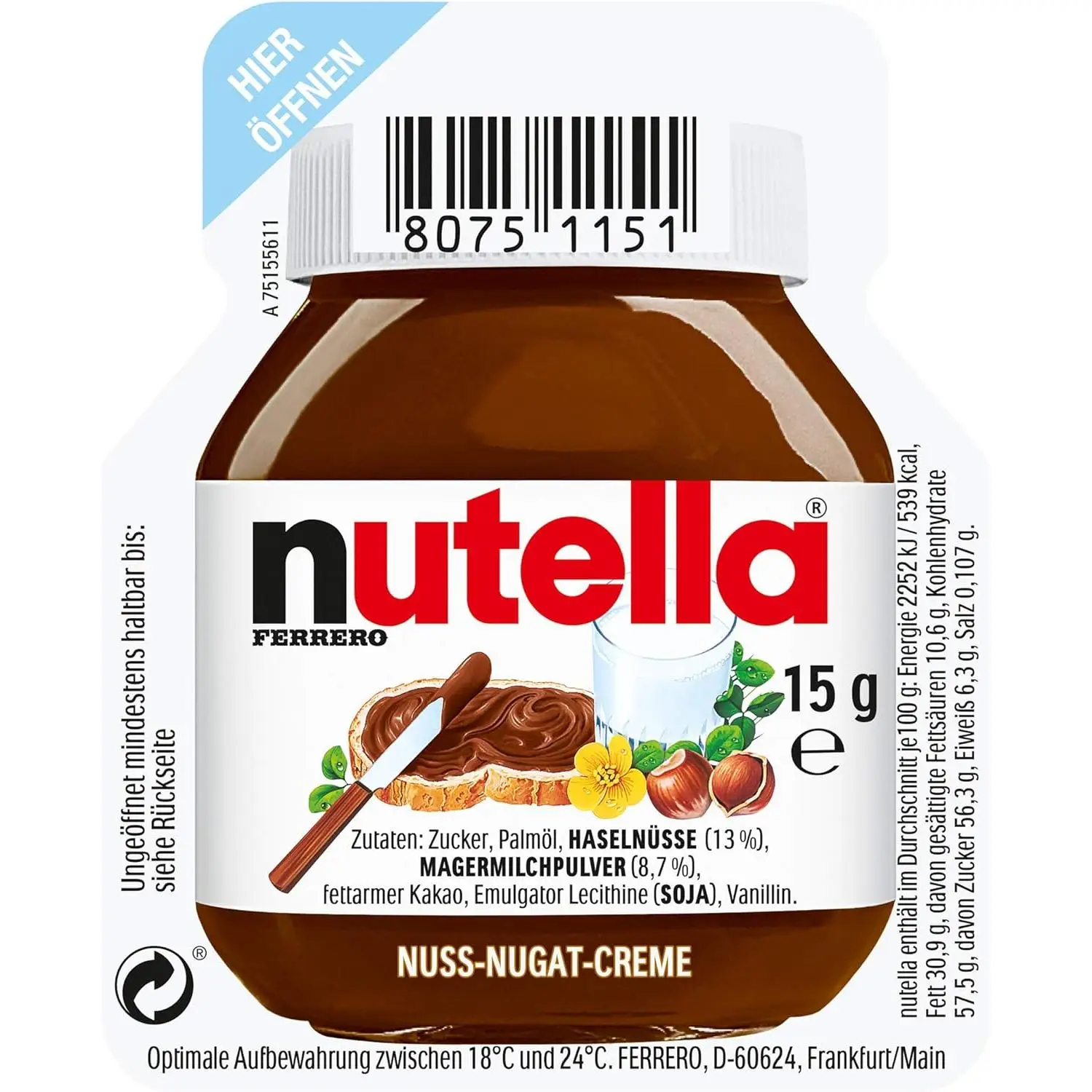 Deliex . Lote 60 Nutella pequeñas porciones de 15 gr. Monodosis crema de avellanas y chocolate para untar