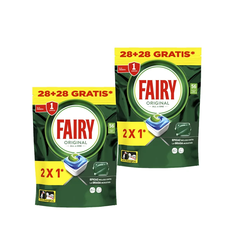 Fairy Original Todo En Uno - Pack de 2 Bolsas de 56 Cápsulas para Lavavajillas (112 Cápsulas) - Elimina Grasa y Resequedad, Detergente con Aroma Limpio y Fresco