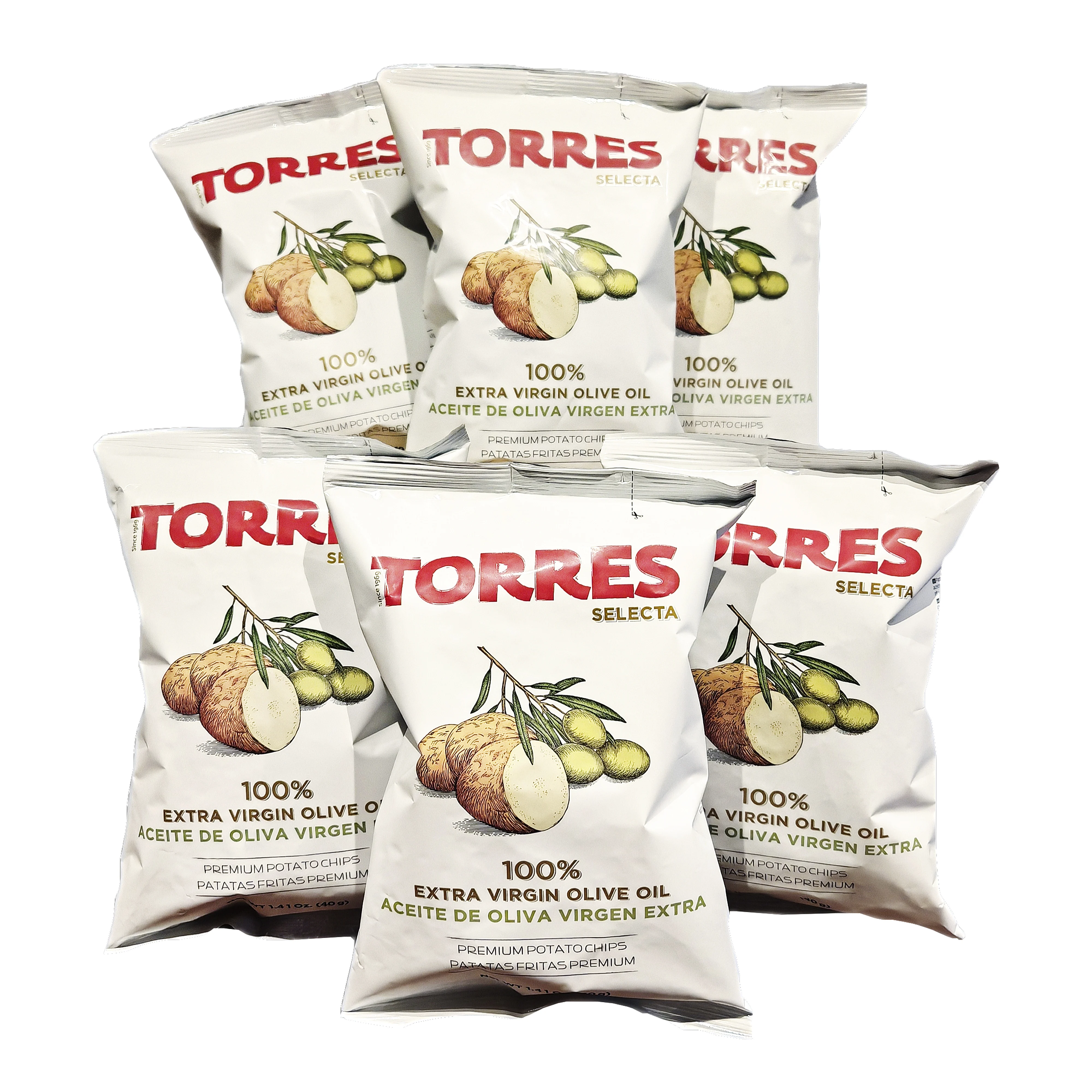 Patatas Fritas Selecta 100% Aceite de Oliva Virgen Extra. Marca Torres. Pack 6 bolsas 40 gramos