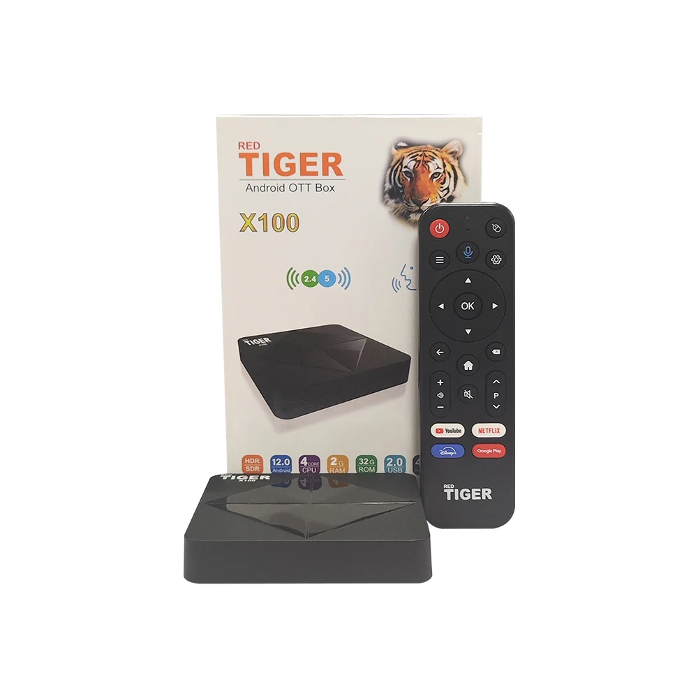 Global Version Tiger Android 12 TV Box X100 4K Ultra HD media player with 2GB RAM, 32GB storage, dual WiFi, Ethernet port, and Bluetooth remote, perfect for streaming services like Netflix and YouTube, ideal for smart TV setups. #7