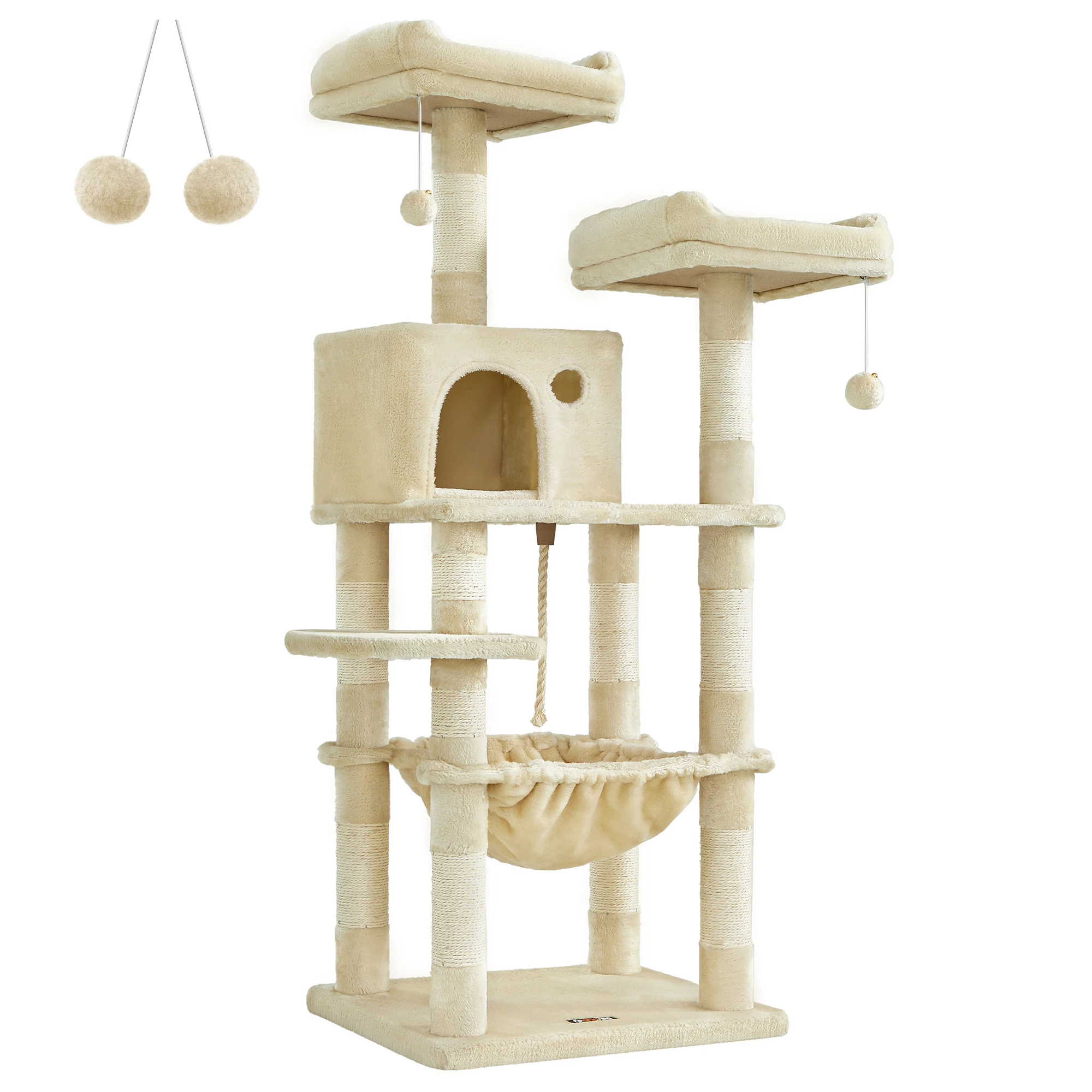 Feandrea Árbol para Gatos de Altura 143 cm, Torre para Gatos, con 11 Postes Rascadores, 2 Plataformas, 1 Cueva, 1 Hamaca, 2 Pompones, Tela de Felpa, Multinivel, Beige/Gris Ahumado/Gris Claro